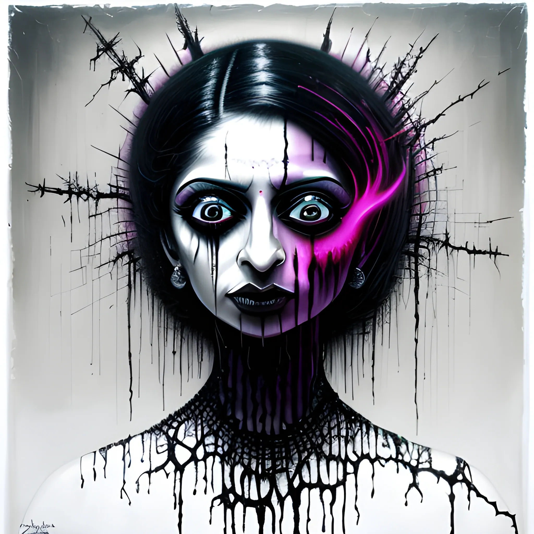  Masterpiece, scenic; NAdia Ali; neon spray paint, acrylic paint, fantastical surrealist world, in the style of Stephen Gammell and Shawn Coss, extremely detailed, sick, gothic, eldritch