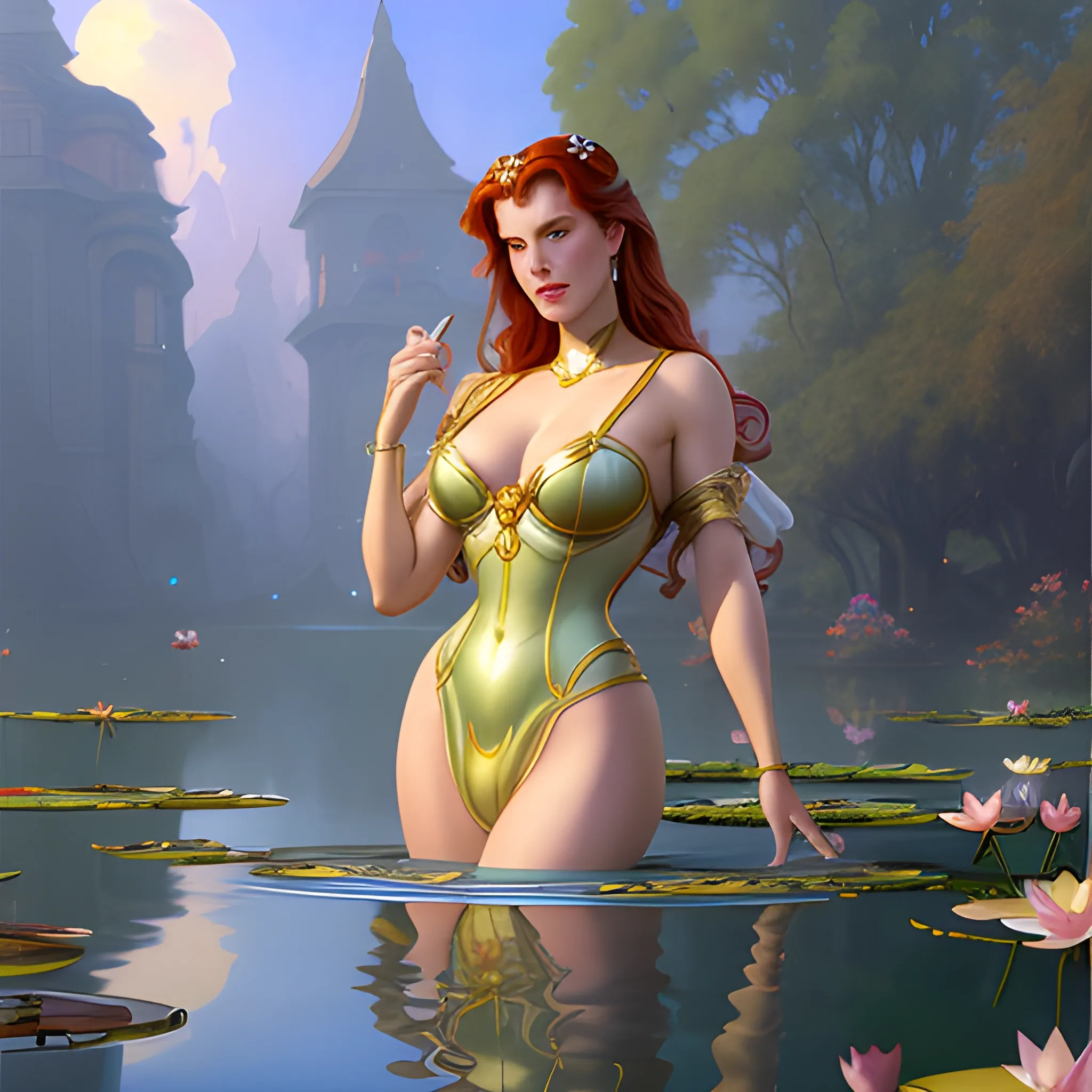 young Robyn Lively at a lotus pond; highly detailed beautiful face; glitter, renaissance; high contrast, pastel, sorbet, pearlescent, Unreal Engine 5; by Dan Parent, Alphonse Mucha, Artgerm, WLOP, intricately detailed, fantasy, bizarre, beautiful, Chromolithography, Soft Shading, Unreal Engine; digital painting, smooth, sharp focus, illustration, art by lisa frank, Steve Goad, Frank Frazetta, William-Adolphe Bouguereau, Unreal Engine 5, Cartoon, 3D, Oil Painting, 3D