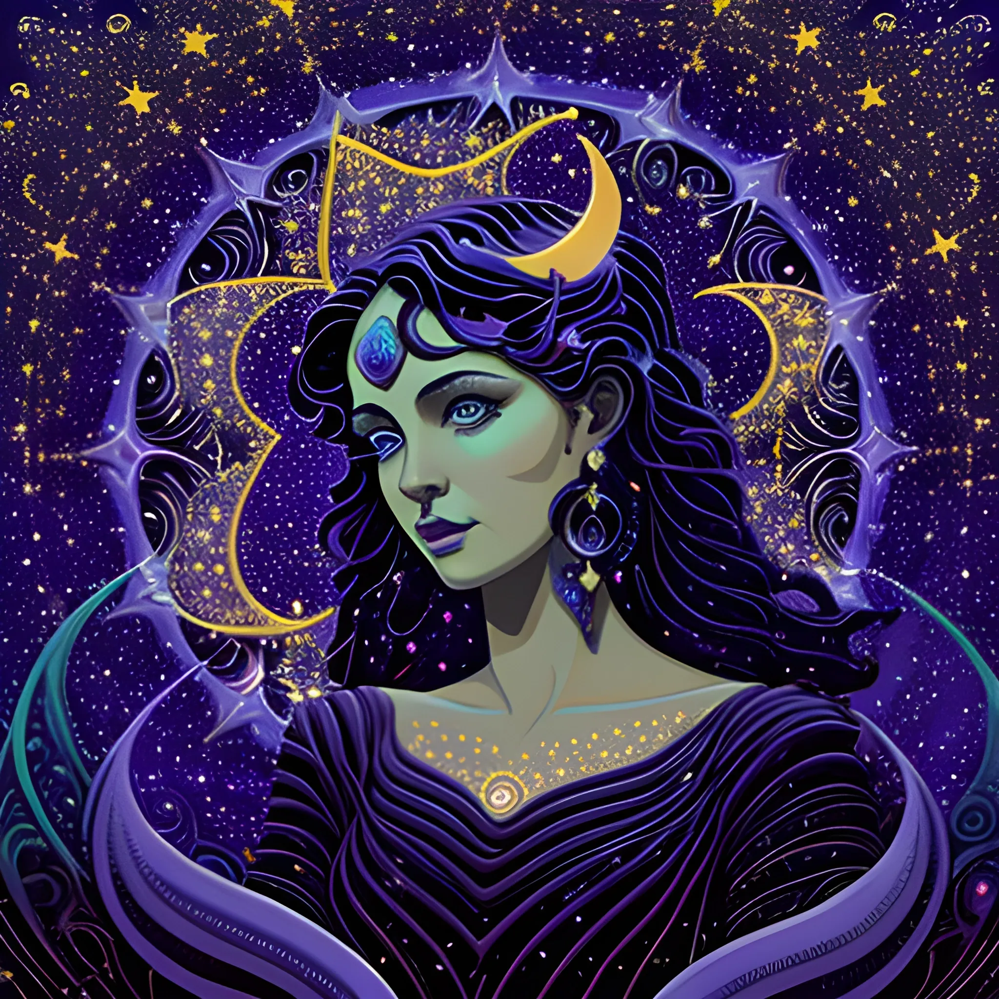 Nyx Goddess of the Night with a crescent moon and many stars in the style of Maxfield Parrish, starry night, James R. Eads