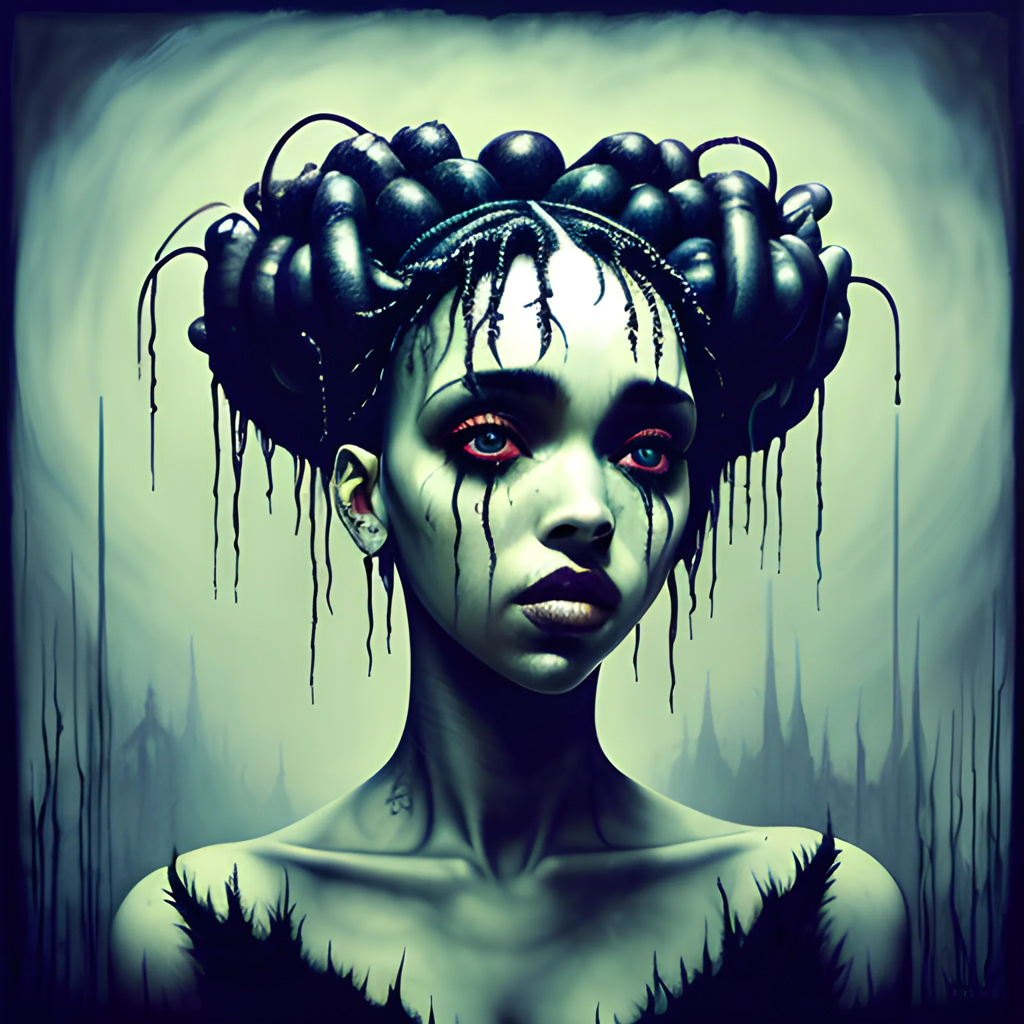  Masterpiece, scenic; FKA Twigs; neon spray paint, acrylic paint, fantastical surrealist world, in the style of Stephen Gammell and Shawn Coss, extremely detailed, sick, gothic, eldritch