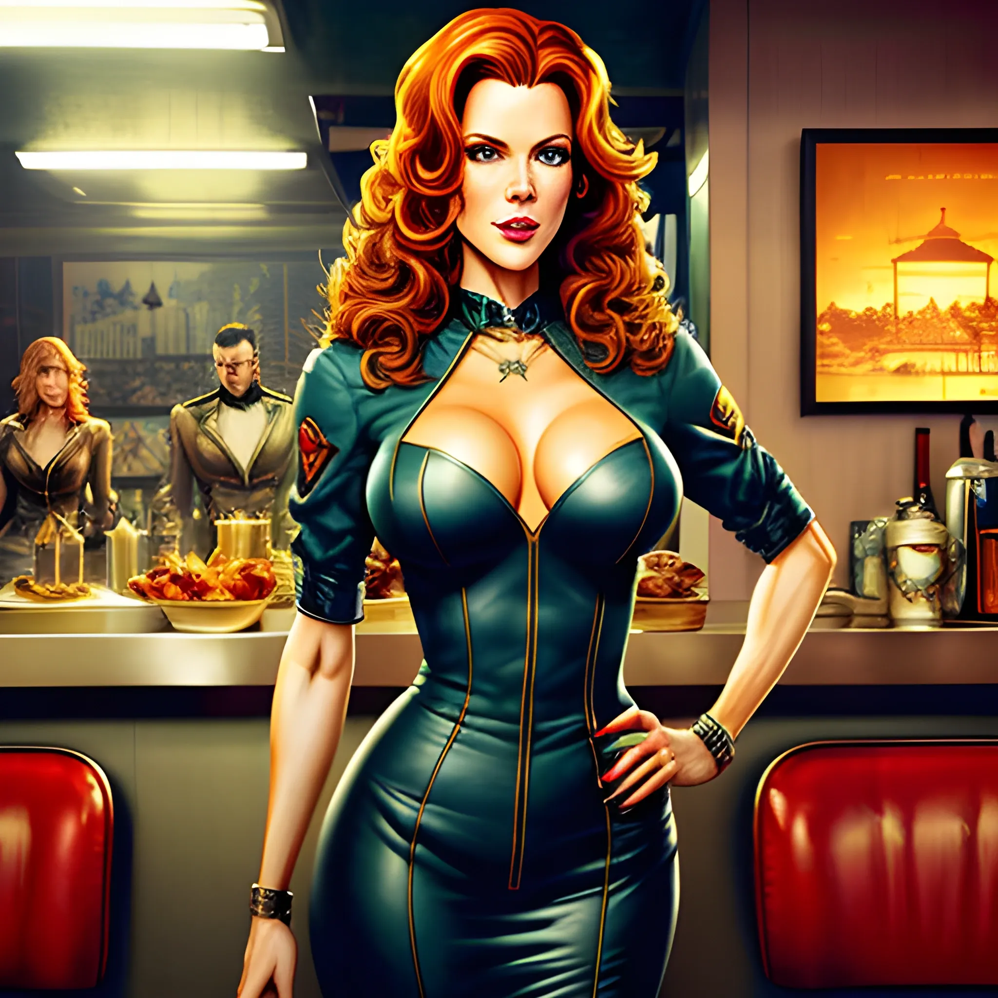 young Robyn Lively in a 50's diner, meticulously detailed eyes, perfect full-length body, perfect anatomy, her highly detailed face, meticulously detailed hair and clothes by artist "Aleksi Briclot" and Russ Mills, Dan Mumford, teen witch 