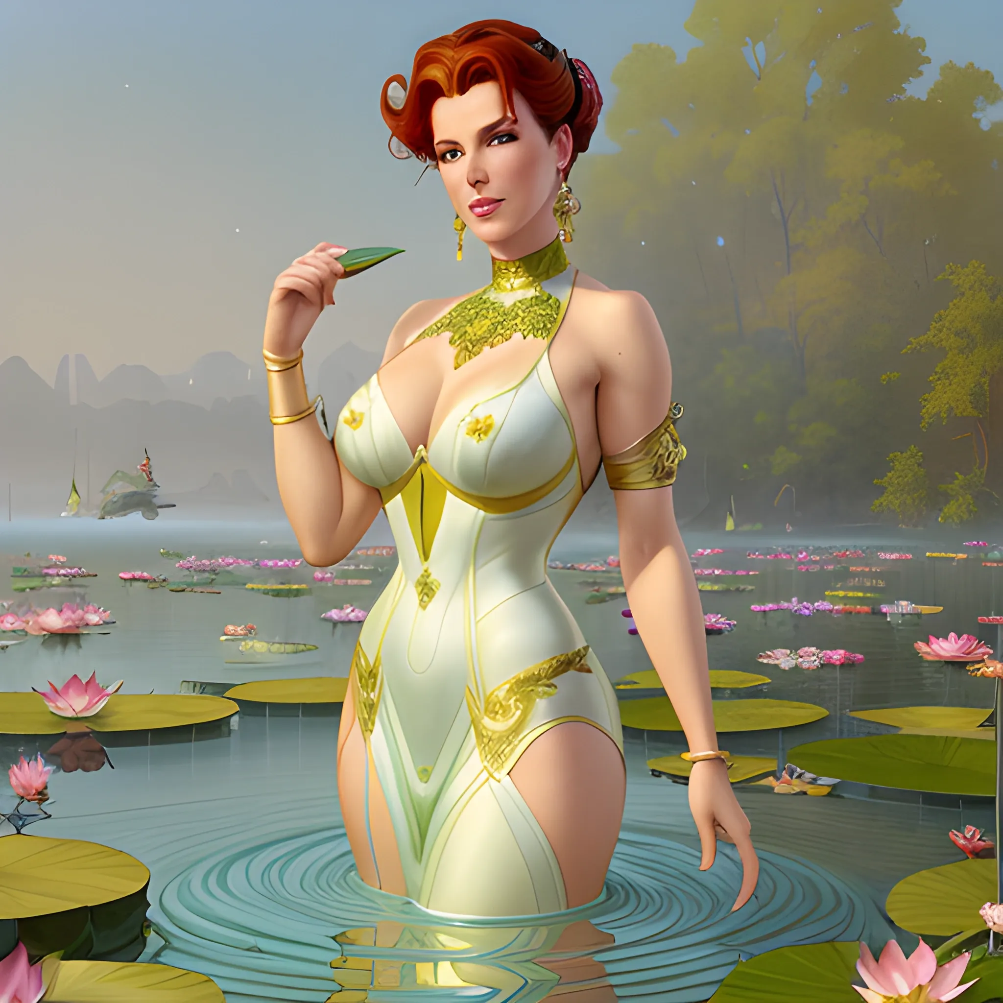 young Robyn Lively at a lotus pond; highly detailed beautiful face; glitter, renaissance; high contrast, pastel, sorbet, pearlescent, Unreal Engine 5; by Dan Parent, Alphonse Mucha, Artgerm, WLOP, intricately detailed, fantasy, bizarre, beautiful, Chromolithography, Soft Shading, Unreal Engine; digital painting, smooth, sharp focus, illustration, art by lisa frank, Steve Goad, Frank Frazetta, William-Adolphe Bouguereau, Unreal Engine 5, Cartoon, 3D, Oil Painting, 3D