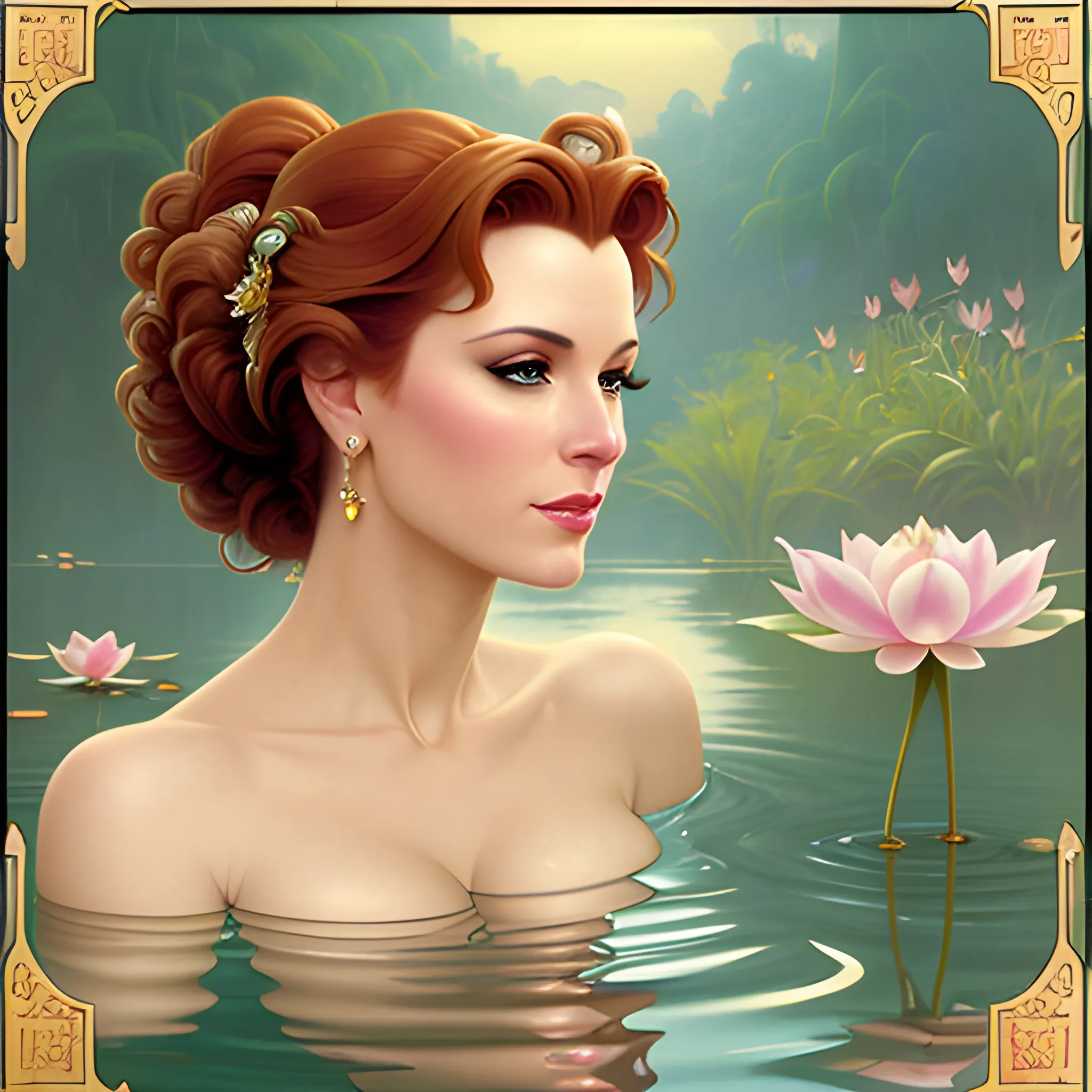 close-up. young Robyn Lively at a lotus pond; highly detailed beautiful face; glitter, renaissance; high contrast, pastel, sorbet, pearlescent, Unreal Engine 5; by Dan Parent, Alphonse Mucha, Artgerm, WLOP, intricately detailed, fantasy, bizarre, beautiful, Chromolithography, Soft Shading, Unreal Engine; digital painting, smooth, sharp focus, illustration, art by lisa frank, Steve Goad, Frank Frazetta, William-Adolphe Bouguereau, Unreal Engine 5, Cartoon, 3D, Oil Painting, 3D