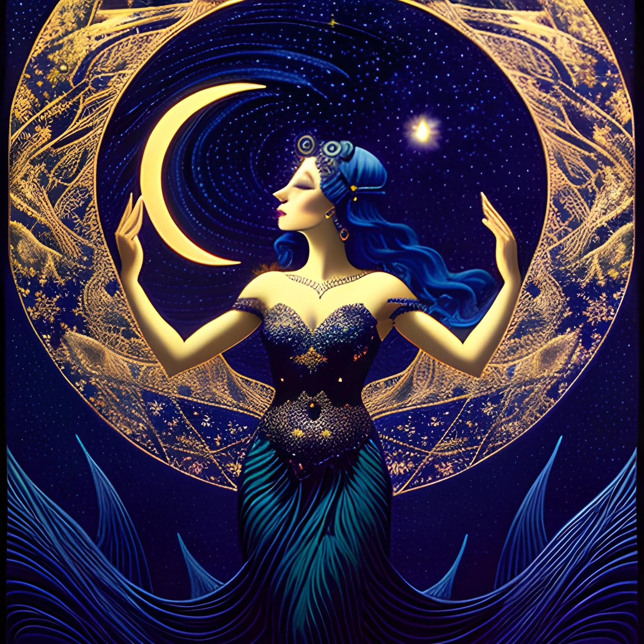 Nyx Goddess of the Night with a crescent moon and many stars in the style of Maxfield Parrish, starry night, James R. Eads