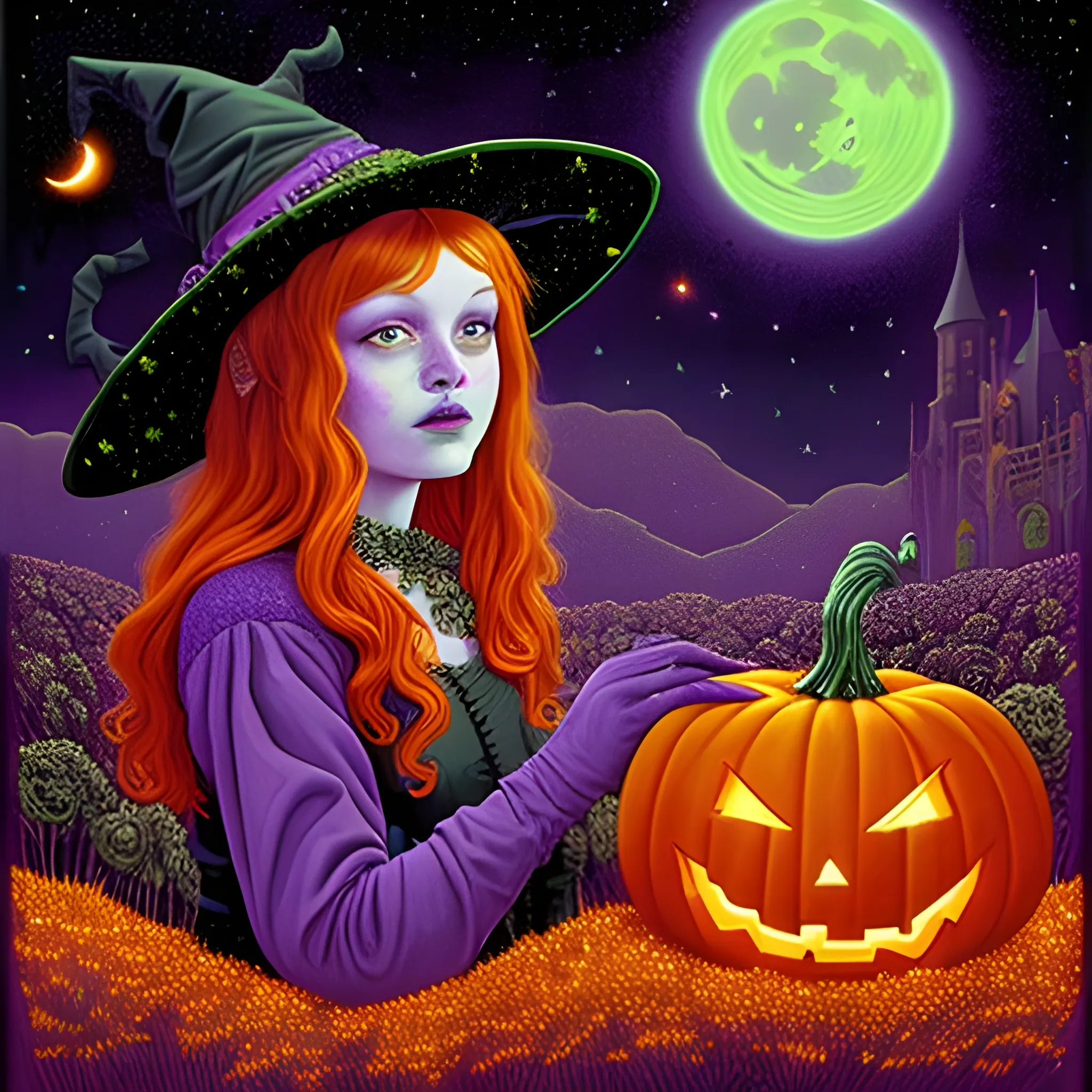 Bella Thorne / Sadie Sink face morph as a Halloween Witch, wearing a thorny witch hat adorned with thorns and black roses; Halloween, bats, full moon in a nebula sky, neon spray paint, acrylic paint, fantastical surrealist world, in the style of Stephen Gammell, extremely detailed, sick, gothic, eldritch, candles, neon grape purple, dayglo orange, chartreuse green, Halloween perfect purple pumpkins, green skulls, orange bats, magic, candles, cobweb, spider, glitter, luminous color sparkles, dayglo orange, neon grape purple, chartreuse green, hot pink, stars, sparkles, glitter, lanterns, gourds, Halloween; Goddess of the Night with a crescent moon and many stars in the style of Maxfield Parrish, starry night, James R. Eads