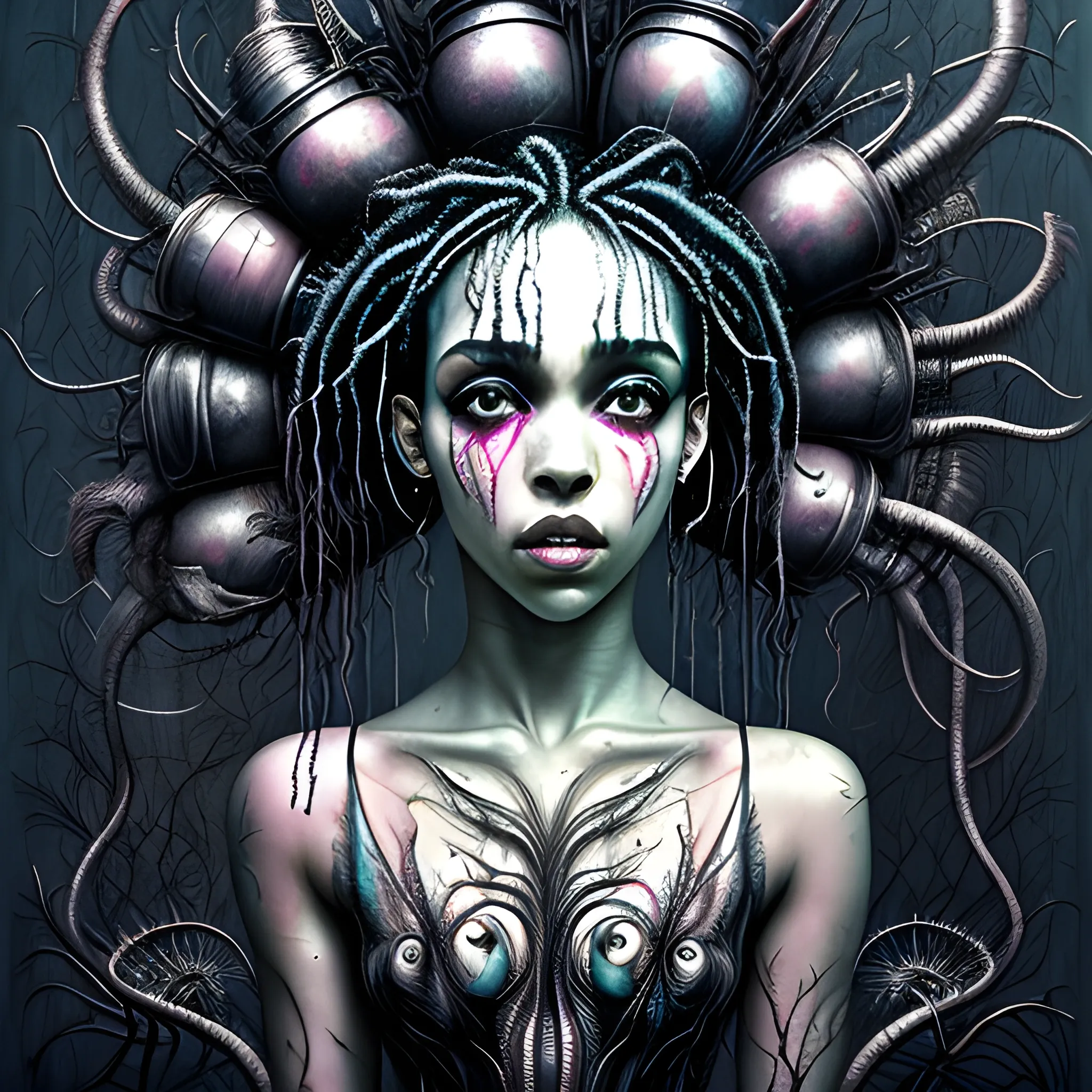  Masterpiece, scenic; FKA Twigs; neon spray paint, acrylic paint, fantastical surrealist world, in the style of Stephen Gammell and Shawn Coss, extremely detailed, sick, gothic, eldritch