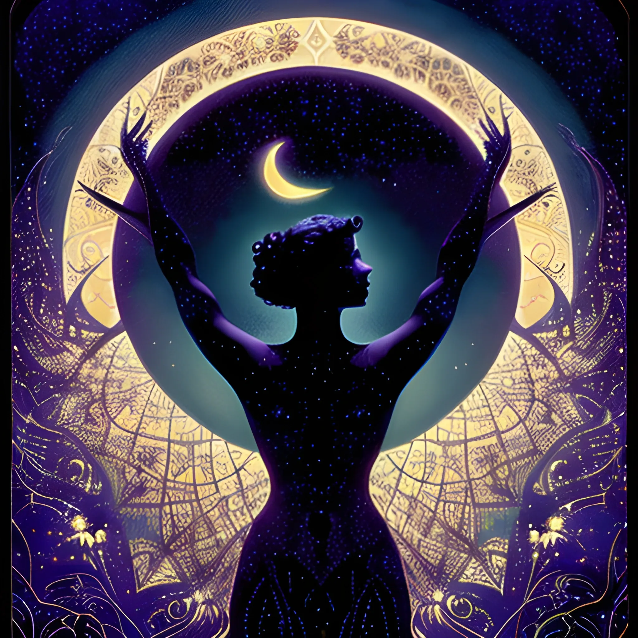 Nyx Goddess of the Night with a crescent moon and many stars in the style of Maxfield Parrish, starry night, James R. Eads