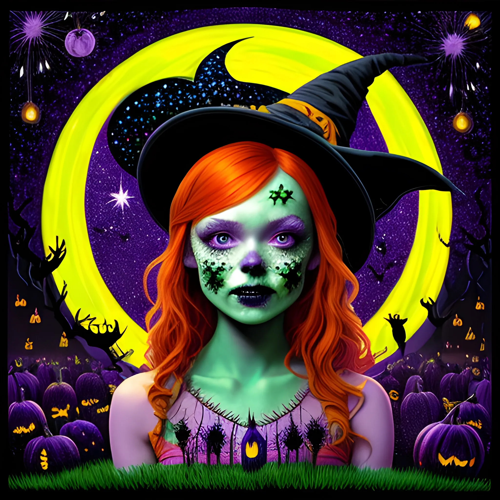 Bella Thorne / Sadie Sink face morph as a Halloween Witch, wearing a thorny witch hat adorned with thorns and black roses; Halloween, bats, full moon in a nebula sky, neon spray paint, acrylic paint, fantastical surrealist world, in the style of Stephen Gammell, extremely detailed, sick, gothic, eldritch, candles, neon grape purple, dayglo orange, chartreuse green, Halloween perfect purple pumpkins, green skulls, orange bats, magic, candles, cobweb, spider, glitter, luminous color sparkles, dayglo orange, neon grape purple, chartreuse green, hot pink, stars, sparkles, glitter, lanterns, gourds, Halloween; Goddess of the Night with a crescent moon and many stars in the style of Maxfield Parrish, starry night, James R. Eads