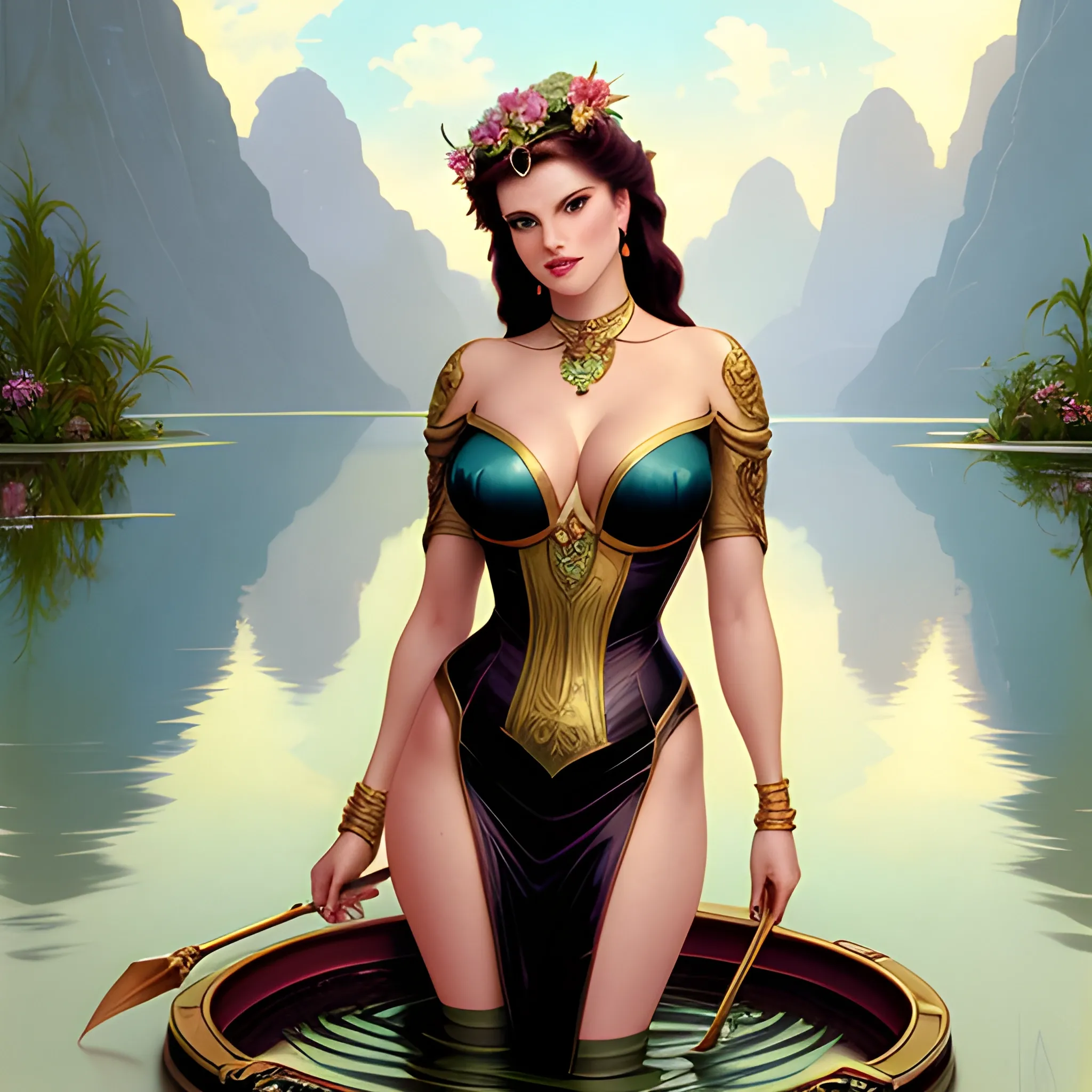 young Geena Davis at a lotus pond; highly detailed beautiful face; glitter, renaissance; high contrast, pastel, sorbet, pearlescent, Unreal Engine 5; by Dan Parent, Alphonse Mucha, Artgerm, WLOP, intricately detailed, fantasy, bizarre, beautiful, Chromolithography, Soft Shading, Unreal Engine; digital painting, smooth, sharp focus, illustration, art by lisa frank, Steve Goad, Frank Frazetta, William-Adolphe Bouguereau, Unreal Engine 5, Cartoon, 3D, Oil Painting, 3D