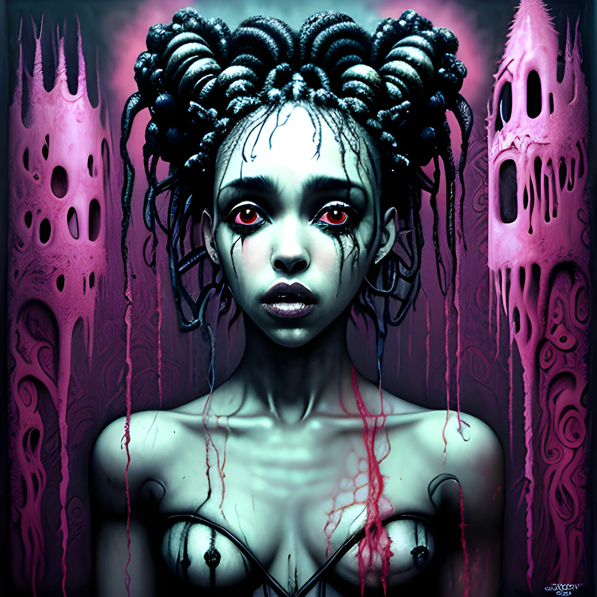  Masterpiece, scenic; FKA Twigs; neon spray paint, acrylic paint, fantastical surrealist world, in the style of Stephen Gammell and Shawn Coss, extremely detailed, sick, gothic, eldritch