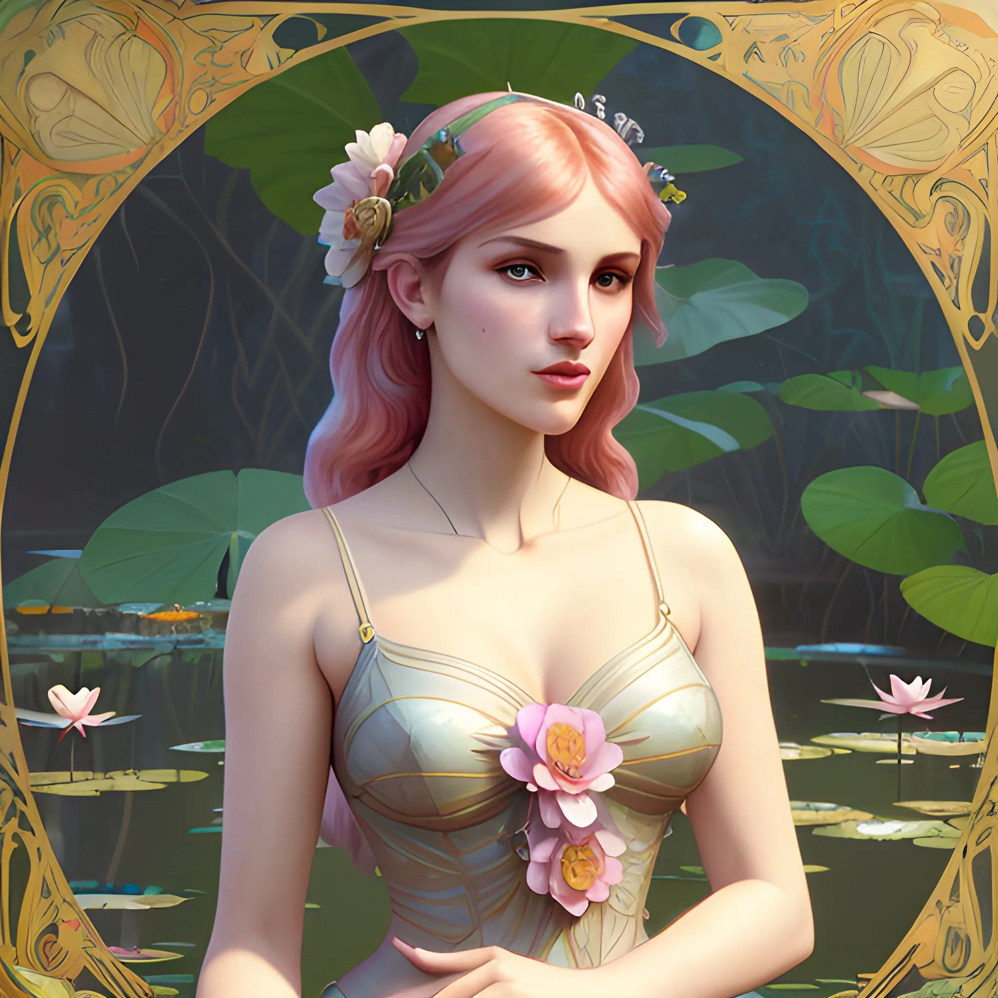 Bella Thorne at a lotus pond; highly detailed beautiful face; glitter, renaissance; high contrast, pastel, sorbet, pearlescent, Unreal Engine 5; by Dan Parent, Alphonse Mucha, Artgerm, WLOP, intricately detailed, fantasy, bizarre, beautiful, Chromolithography, Soft Shading, Unreal Engine; digital painting, smooth, sharp focus, illustration, art by lisa frank, Steve Goad, Frank Frazetta, William-Adolphe Bouguereau, Unreal Engine 5, Cartoon, 3D, Oil Painting, 3D