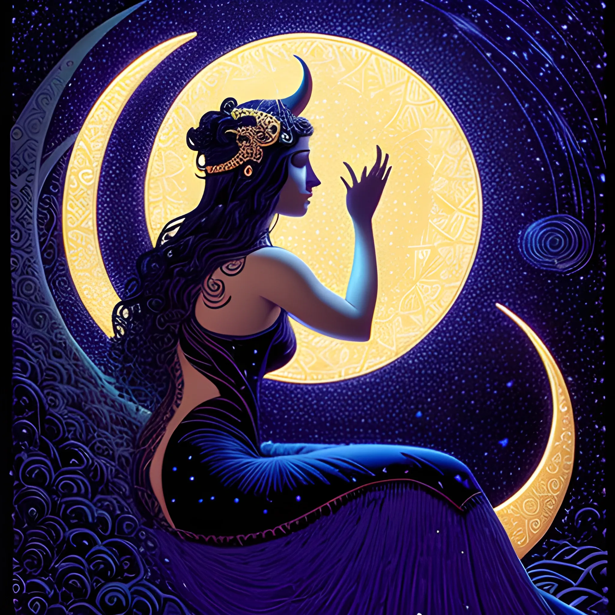 Nyx Goddess of the Night with a crescent moon and many stars in the style of Maxfield Parrish, starry night, James R. Eads