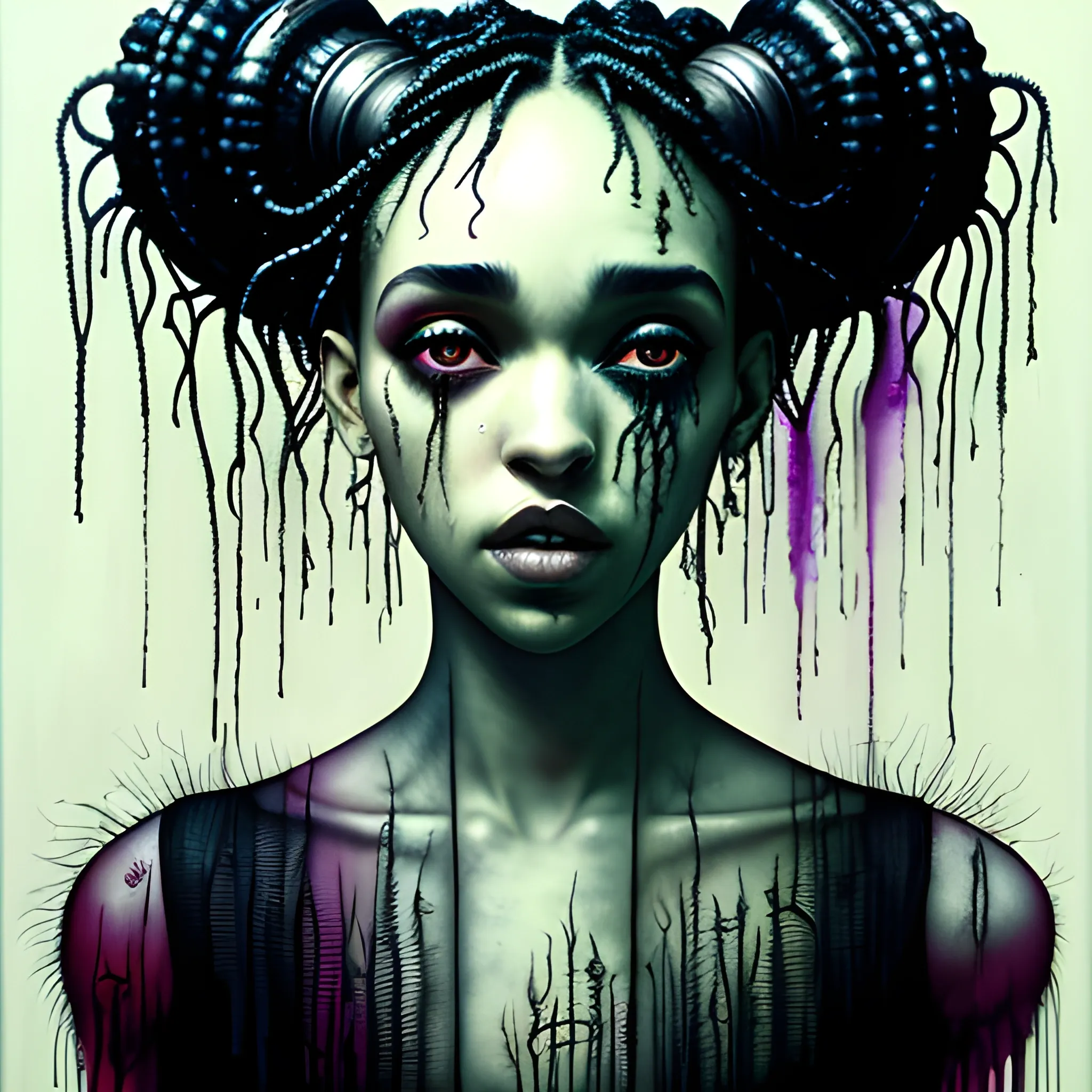  Masterpiece, scenic; FKA Twigs; neon spray paint, acrylic paint, fantastical surrealist world, in the style of Stephen Gammell and Shawn Coss, extremely detailed, sick, gothic, eldritch