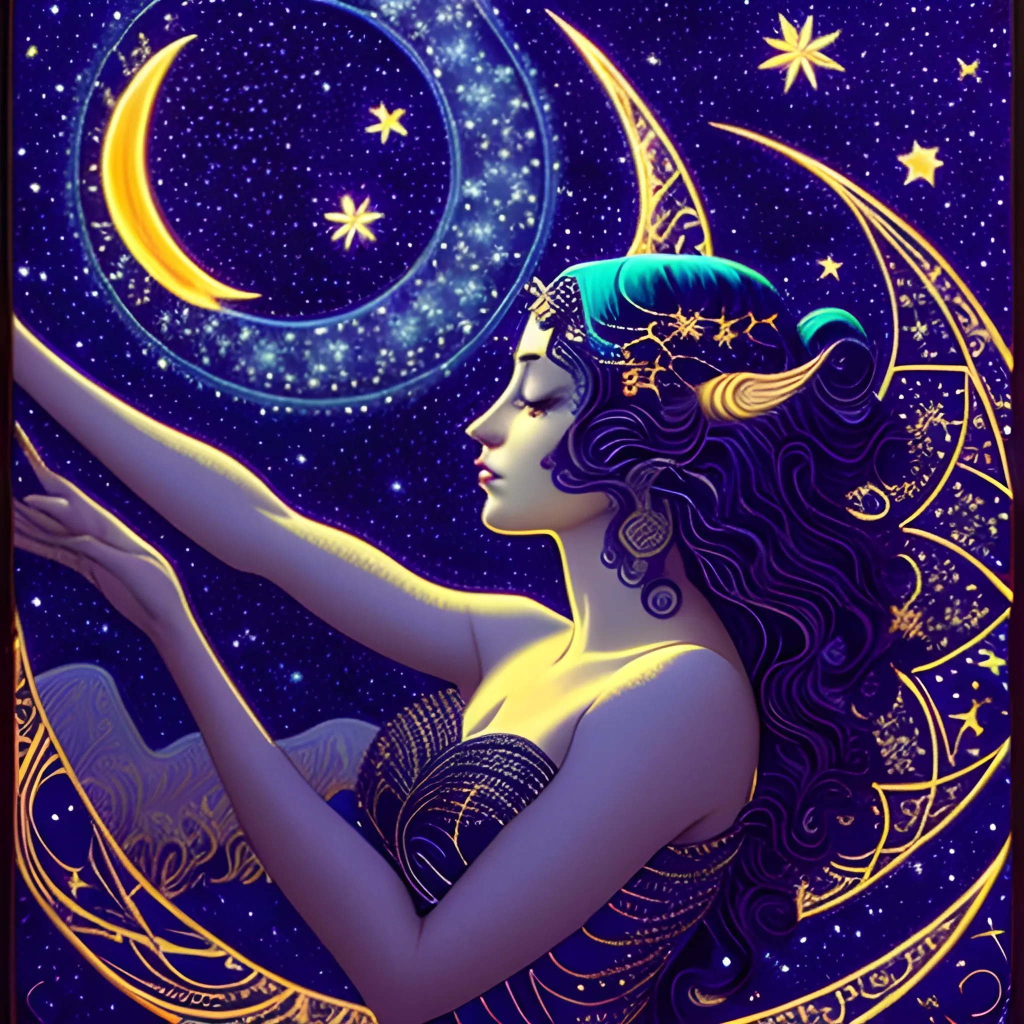 Nyx Goddess of the Night with a crescent moon and many stars in the style of Maxfield Parrish, starry night, James R. Eads