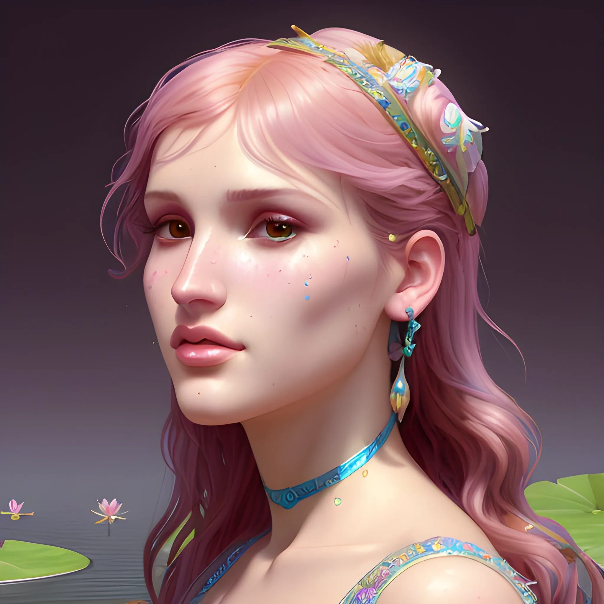 Bella Thorne at a lotus pond; highly detailed beautiful face; glitter, renaissance; high contrast, pastel, sorbet, pearlescent, Unreal Engine 5; by Dan Parent, Alphonse Mucha, Artgerm, WLOP, intricately detailed, fantasy, bizarre, beautiful, Chromolithography, Soft Shading, Unreal Engine; digital painting, smooth, sharp focus, illustration, art by lisa frank, Steve Goad, Frank Frazetta, William-Adolphe Bouguereau, Unreal Engine 5, Cartoon, 3D, Oil Painting, 3D