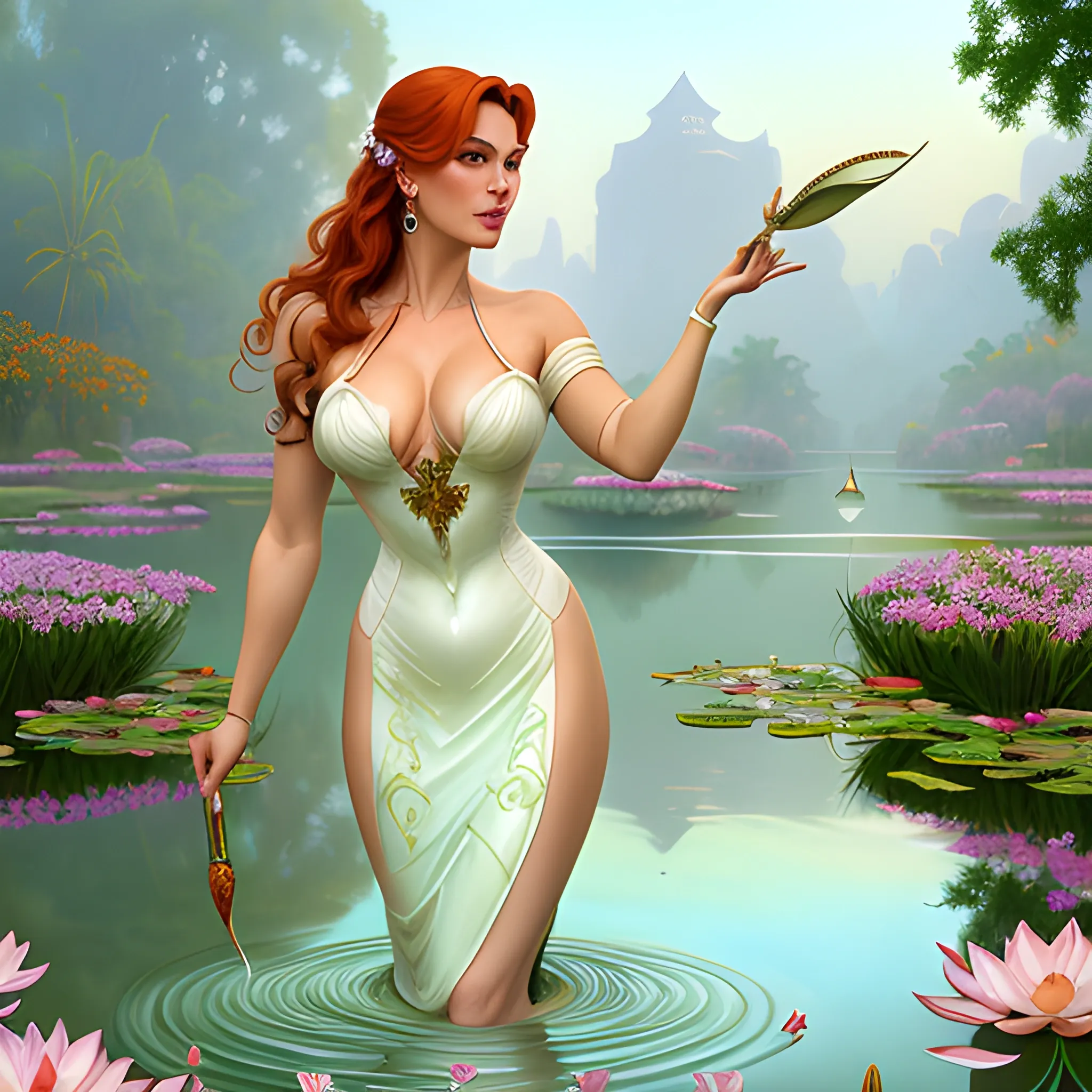 young Robyn Lively at a lotus pond; highly detailed beautiful face; glitter, renaissance; high contrast, pastel, sorbet, pearlescent, Unreal Engine 5; by Dan Parent, Alphonse Mucha, Artgerm, WLOP, intricately detailed, fantasy, bizarre, beautiful, Chromolithography, Soft Shading, Unreal Engine; digital painting, smooth, sharp focus, illustration, art by lisa frank, Steve Goad, Frank Frazetta, William-Adolphe Bouguereau, Unreal Engine 5, Cartoon, 3D, Oil Painting, 3D