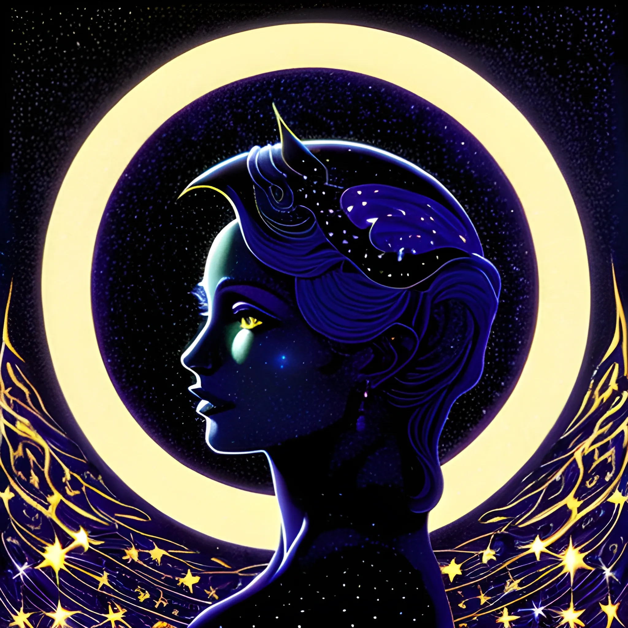 Nyx Goddess of the Night with a crescent moon and many stars in the style of Maxfield Parrish, starry night, James R. Eads