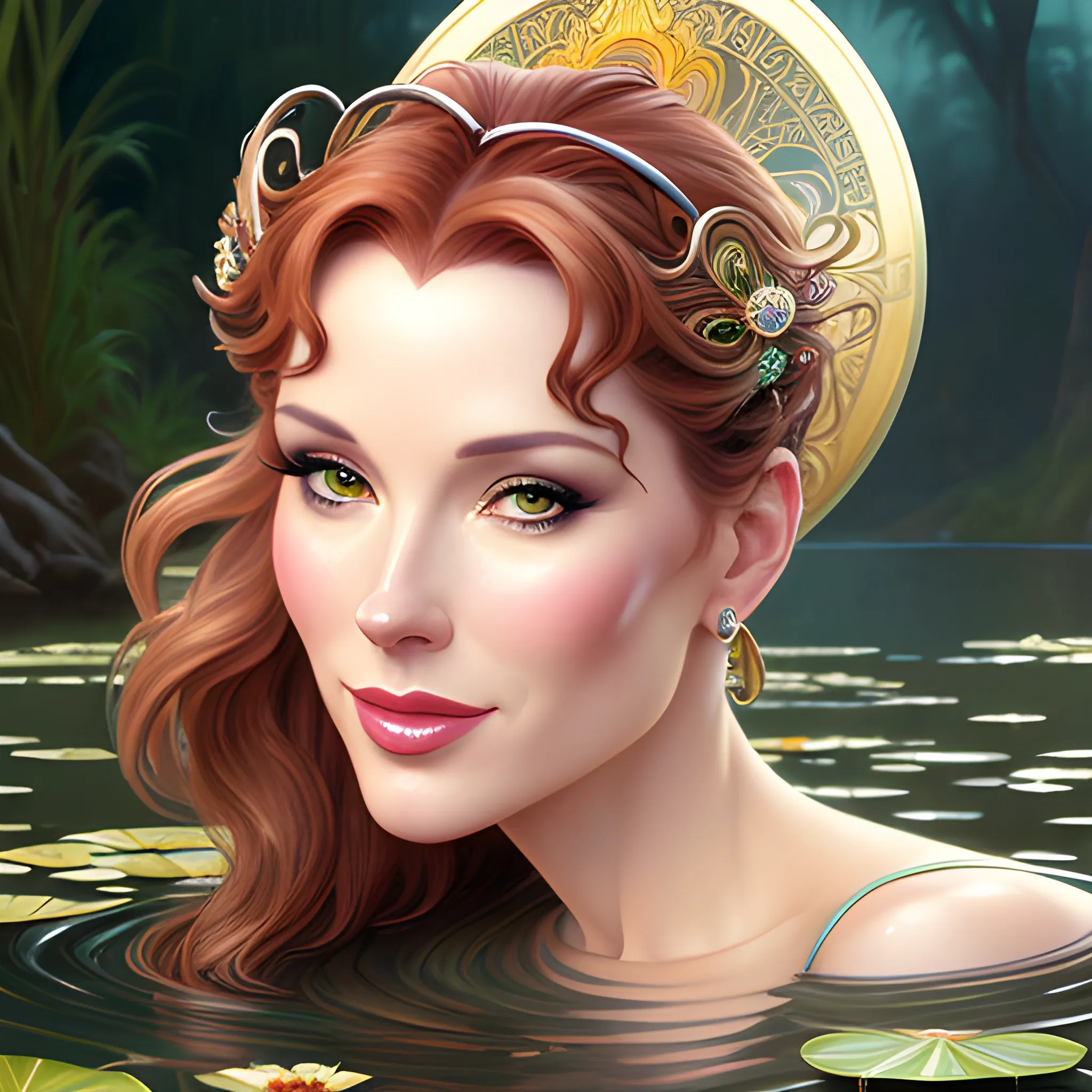 close-up. young Robyn Lively at a lotus pond; highly detailed beautiful face; glitter, renaissance; high contrast, pastel, sorbet, pearlescent, Unreal Engine 5; by Dan Parent, Alphonse Mucha, Artgerm, WLOP, intricately detailed, fantasy, bizarre, beautiful, Chromolithography, Soft Shading, Unreal Engine; digital painting, smooth, sharp focus, illustration, art by lisa frank, Steve Goad, Frank Frazetta, William-Adolphe Bouguereau, Unreal Engine 5, Cartoon, 3D, Oil Painting, 3D