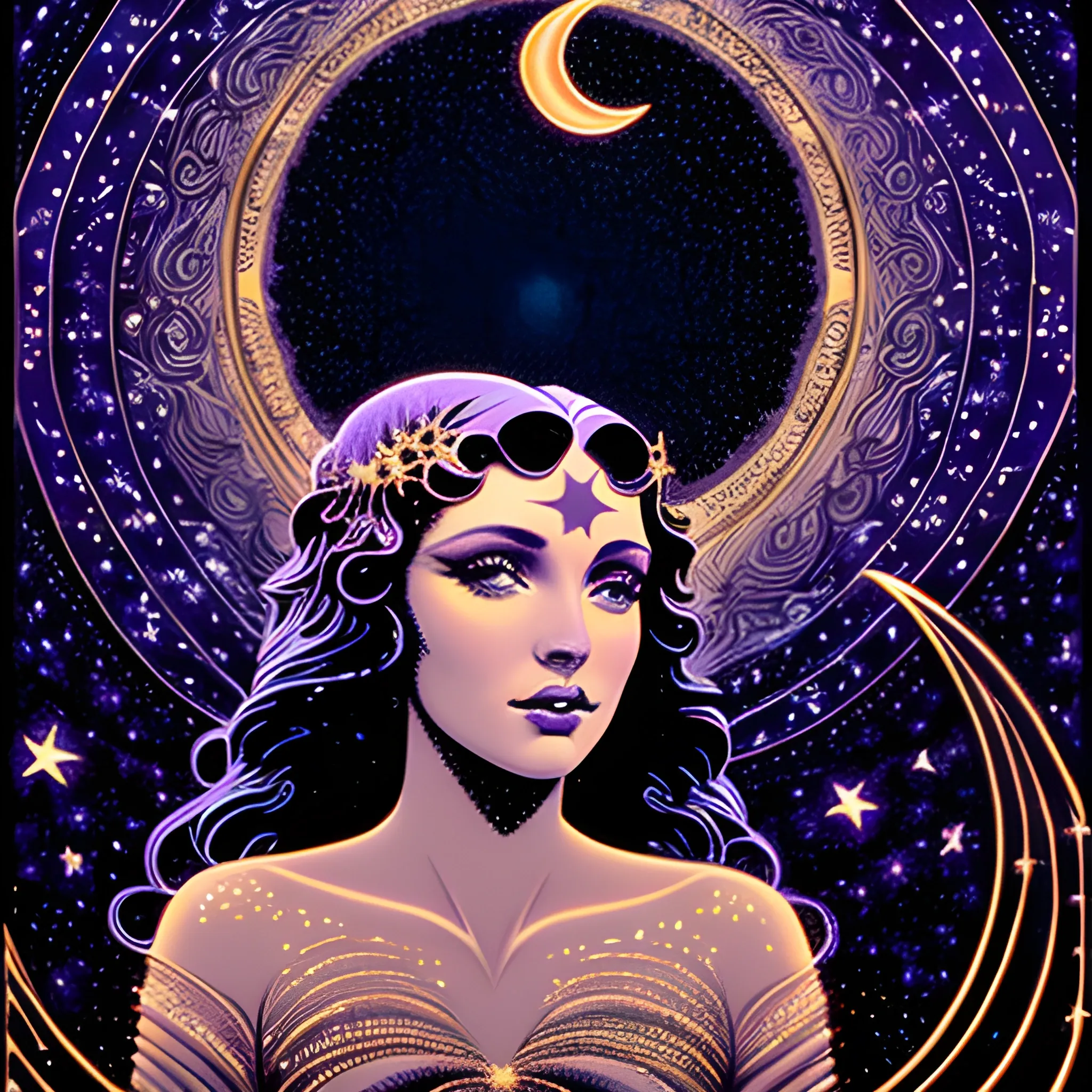 Nyx Goddess of the Night with a crescent moon and many stars in the style of Maxfield Parrish, starry night, James R. Eads