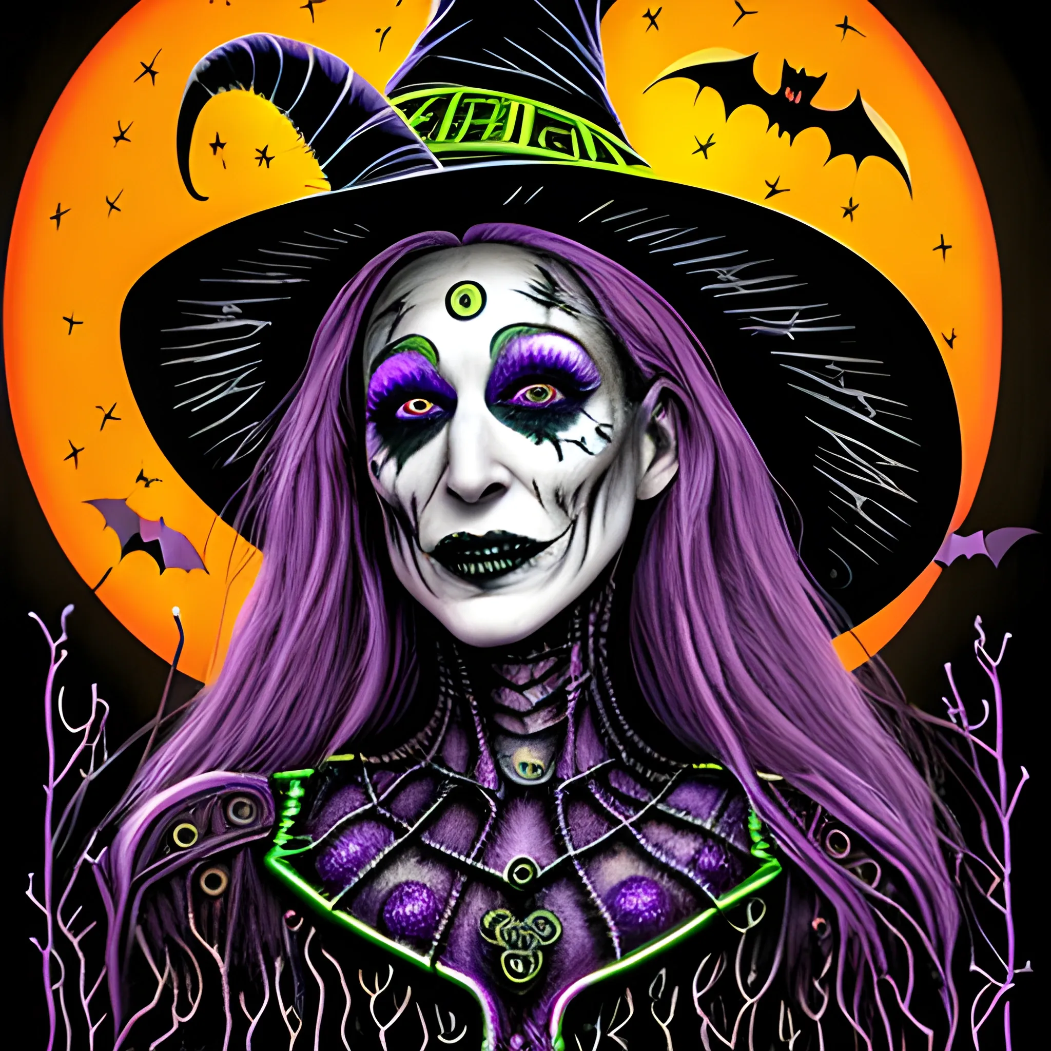 Sarah Jessica Parker as a Halloween Witch, wearing a thorny witch hat adorned with thorns and black roses; Halloween, bats, full moon in a nebula sky, neon spray paint, acrylic paint, fantastical surrealist world, in the style of Stephen Gammell, extremely detailed Zentangle style, sick, gothic, eldritch, candles, neon grape purple, dayglo orange, chartreuse green, Halloween