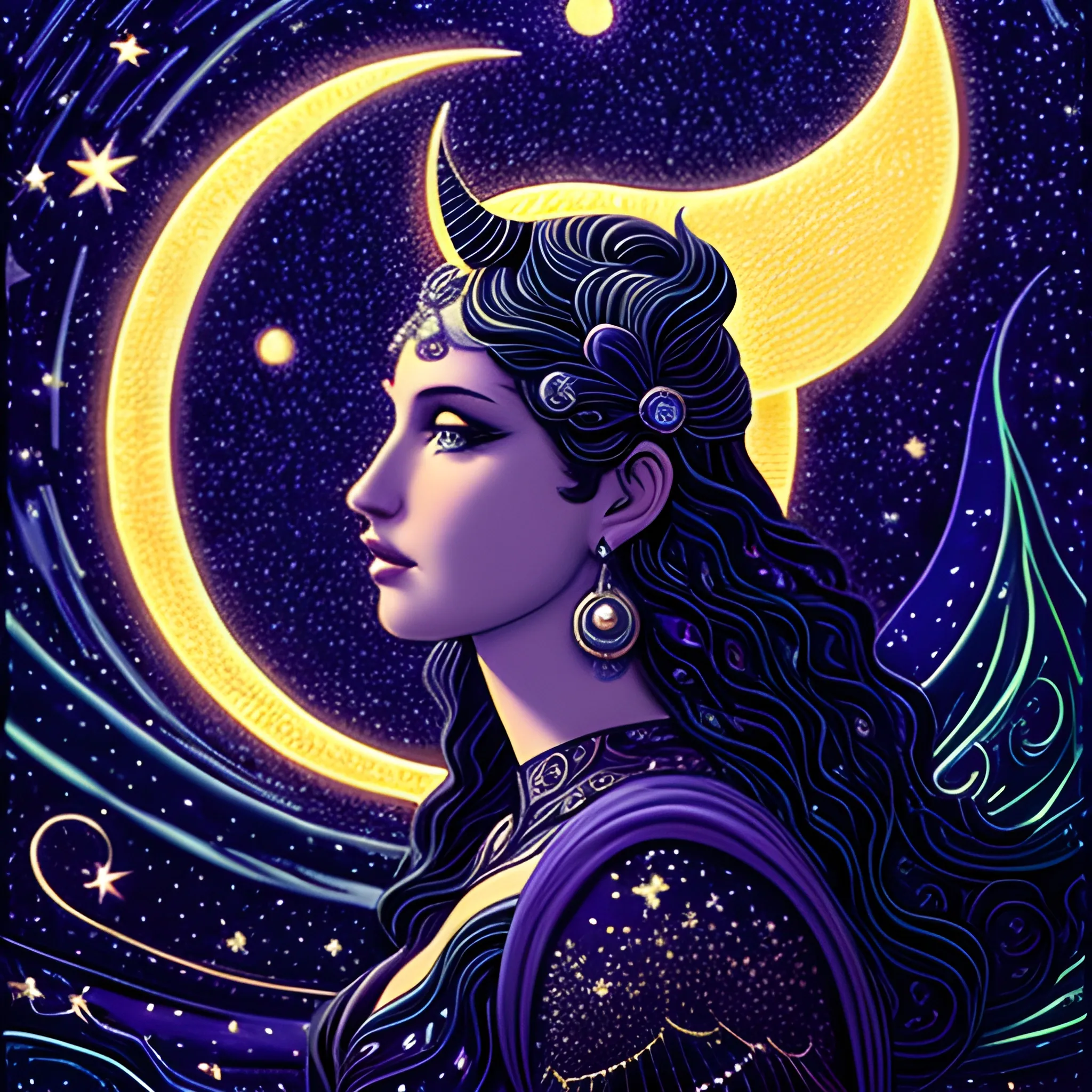 Nyx Goddess of the Night with a crescent moon and many stars in the style of Maxfield Parrish, starry night, James R. Eads