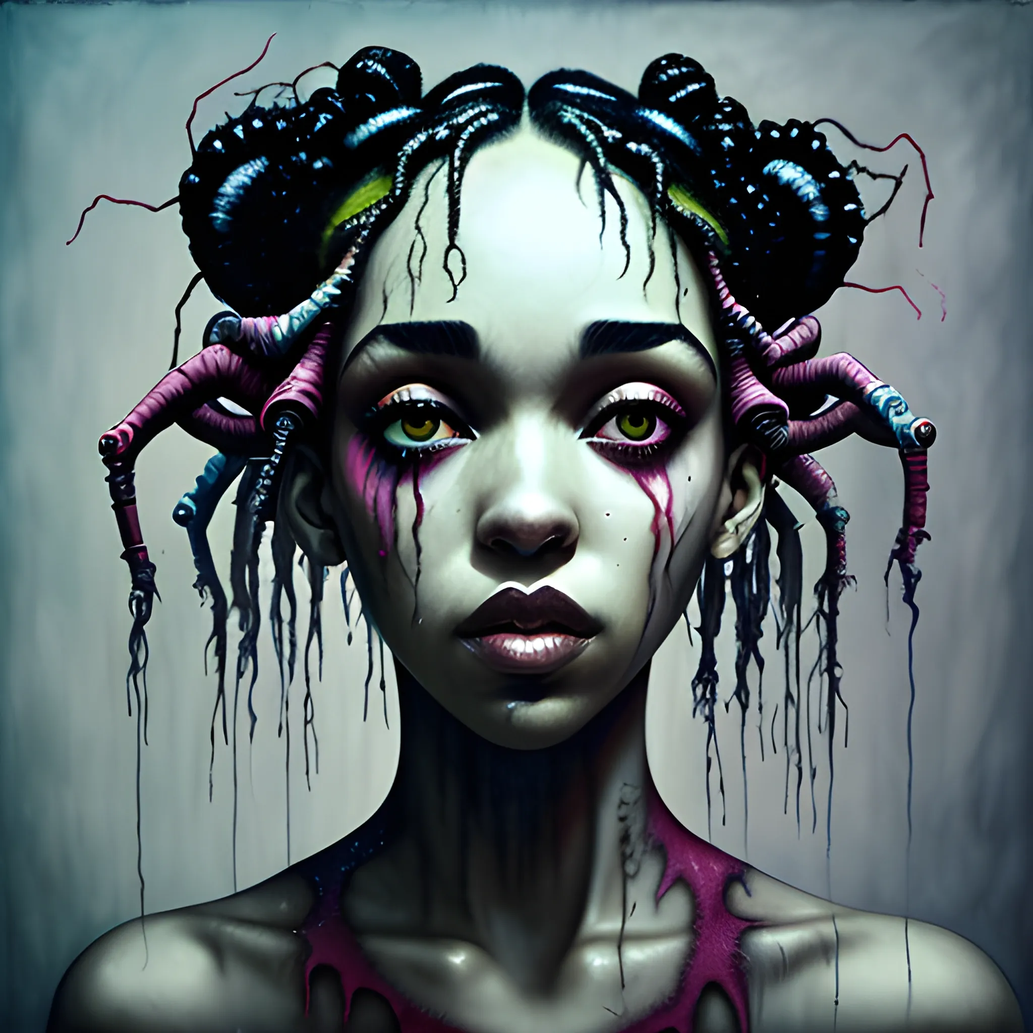  Masterpiece, scenic; FKA Twigs; neon spray paint, acrylic paint, fantastical surrealist world, in the style of Stephen Gammell and Shawn Coss, extremely detailed, sick, gothic, eldritch