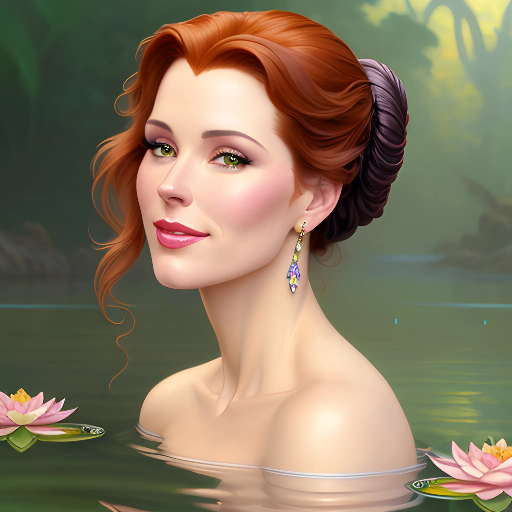 close-up. young Robyn Lively at a lotus pond; highly detailed beautiful face; glitter, renaissance; high contrast, pastel, sorbet, pearlescent, Unreal Engine 5; by Dan Parent, Alphonse Mucha, Artgerm, WLOP, intricately detailed, fantasy, bizarre, beautiful, Chromolithography, Soft Shading, Unreal Engine; digital painting, smooth, sharp focus, illustration, art by lisa frank, Steve Goad, Frank Frazetta, William-Adolphe Bouguereau, Unreal Engine 5, Cartoon, 3D, Oil Painting, 3D