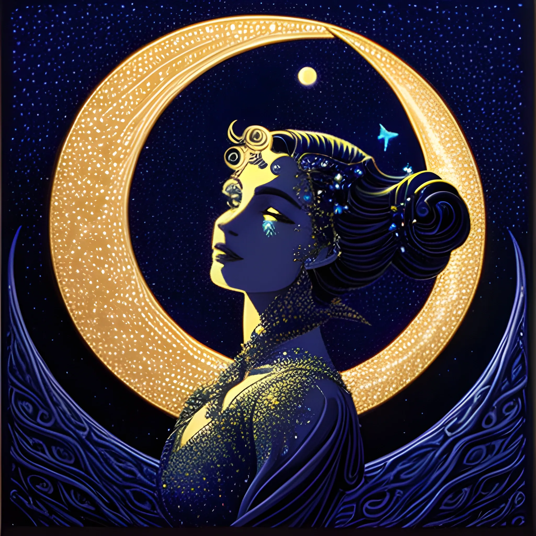 Nyx Goddess of the Night with a crescent moon and many stars in the style of Maxfield Parrish, starry night, James R. Eads