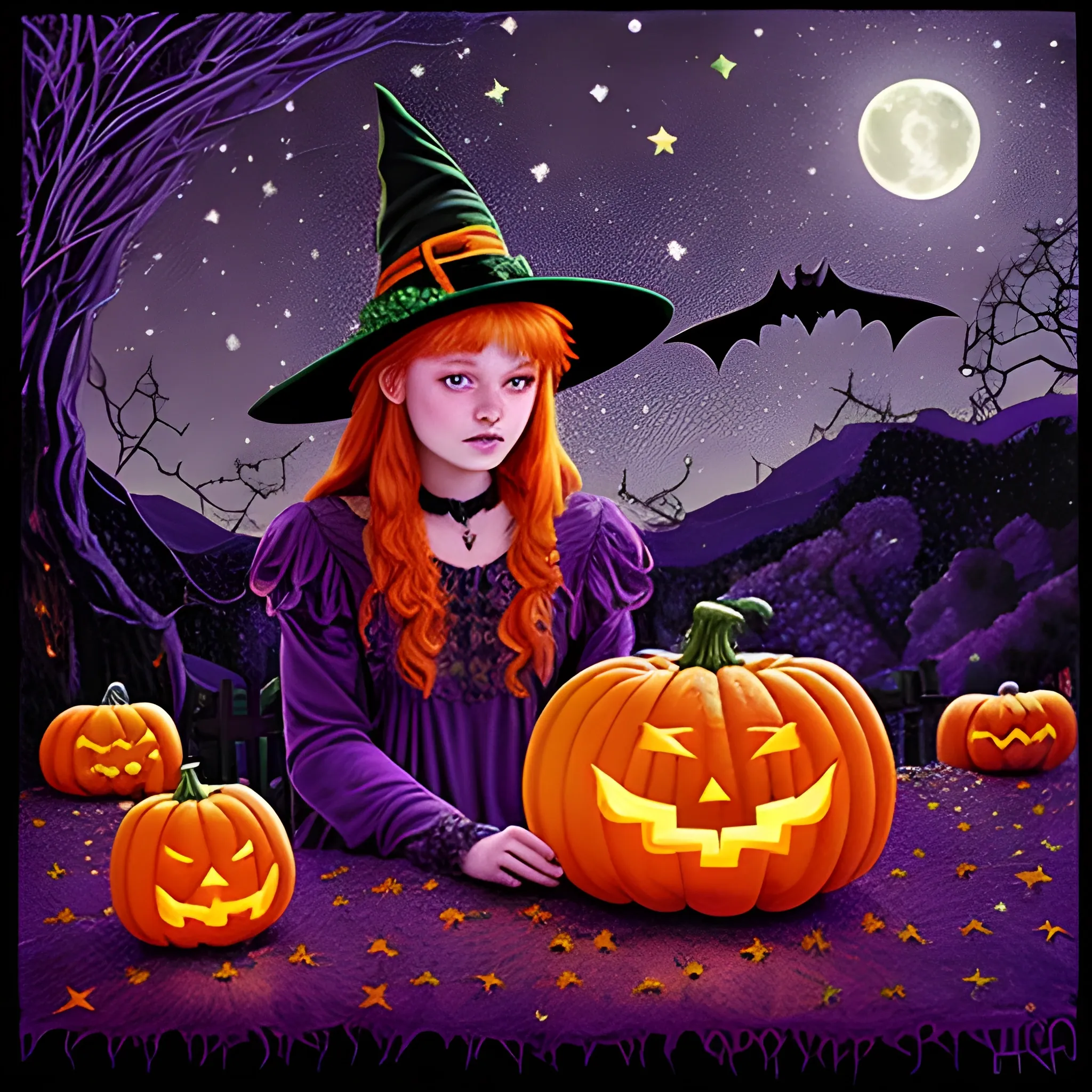 Bella Thorne / Sadie Sink face morph as a Halloween Witch, wearing a thorny witch hat adorned with thorns and black roses; Halloween, bats, full moon in a nebula sky, neon spray paint, acrylic paint, fantastical surrealist world, in the style of Stephen Gammell, extremely detailed, sick, gothic, eldritch, candles, neon grape purple, dayglo orange, chartreuse green, Halloween perfect purple pumpkins, green skulls, orange bats, magic, candles, cobweb, spider, glitter, luminous color sparkles, dayglo orange, neon grape purple, chartreuse green, hot pink, stars, sparkles, glitter, lanterns, gourds, Halloween; Goddess of the Night with a crescent moon and many stars in the style of Maxfield Parrish, starry night, James R. Eads