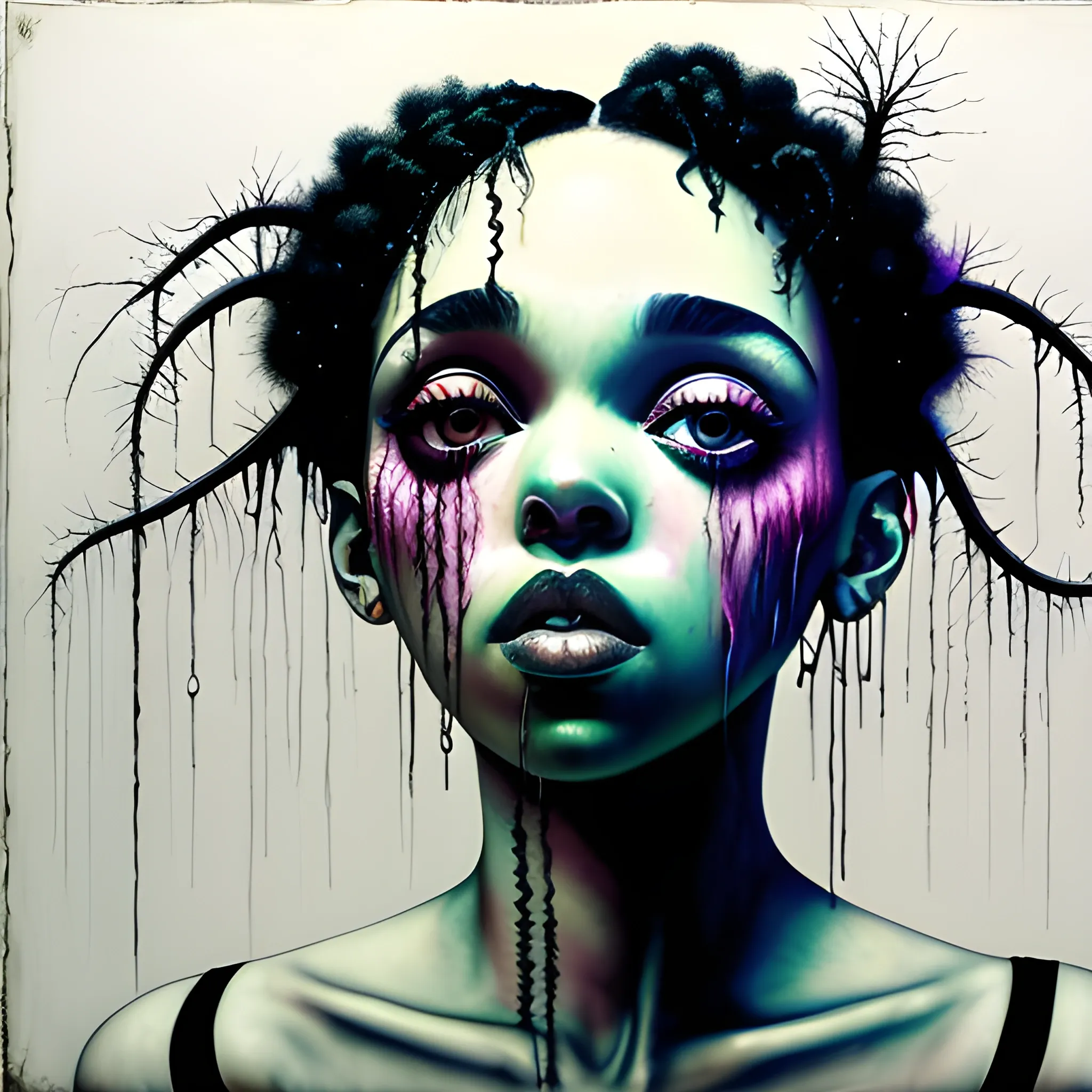  Masterpiece, scenic; FKA Twigs; neon spray paint, acrylic paint, fantastical surrealist world, in the style of Stephen Gammell and Shawn Coss, extremely detailed, sick, gothic, eldritch