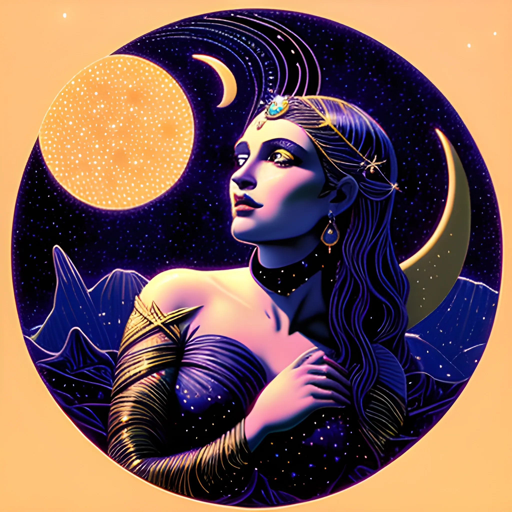 Nyx Goddess of the Night with a crescent moon and many stars in the style of Maxfield Parrish, starry night, James R. Eads