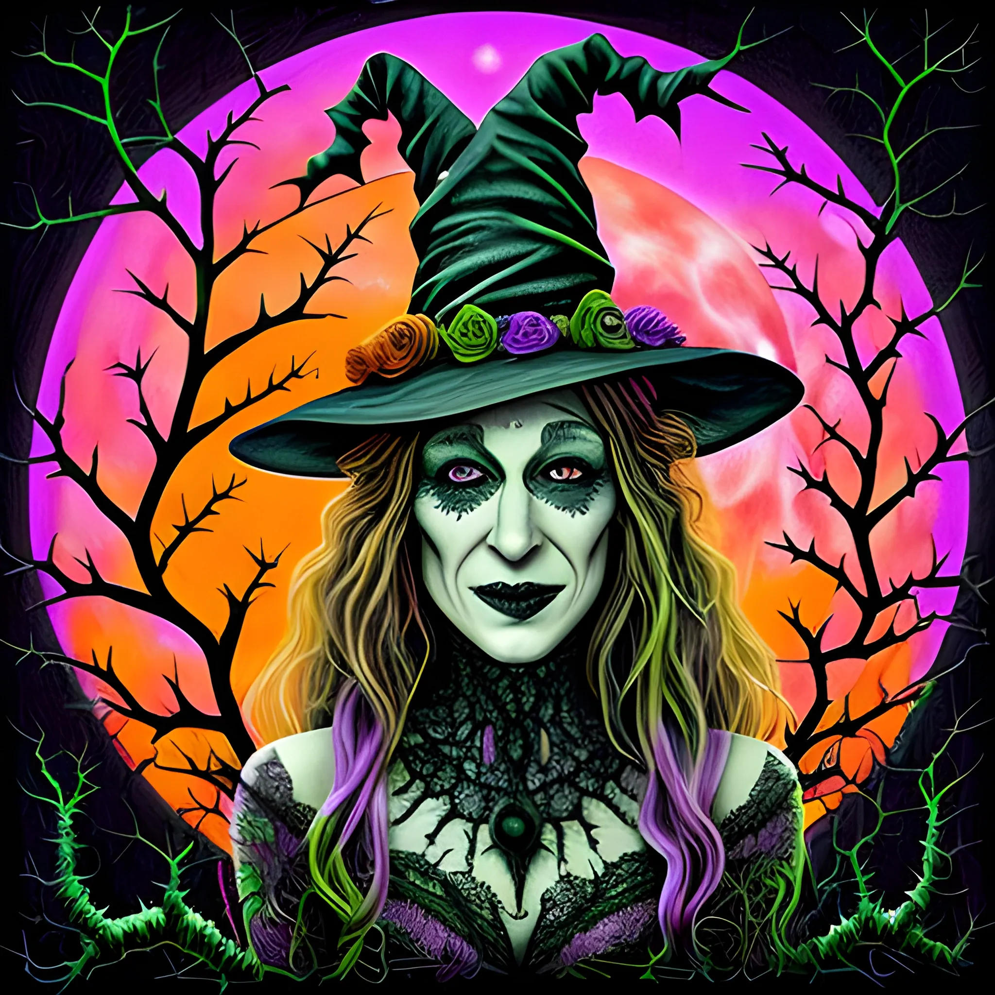 Sarah Jessica Parker as a Halloween Witch, wearing a thorny witch hat adorned with thorns and black roses; Halloween, bats, full moon in a nebula sky, neon spray paint, acrylic paint, fantastical surrealist world, in the style of Stephen Gammell, extremely detailed Zentangle style, sick, gothic, eldritch, candles, neon grape purple, dayglo orange, chartreuse green, Halloween