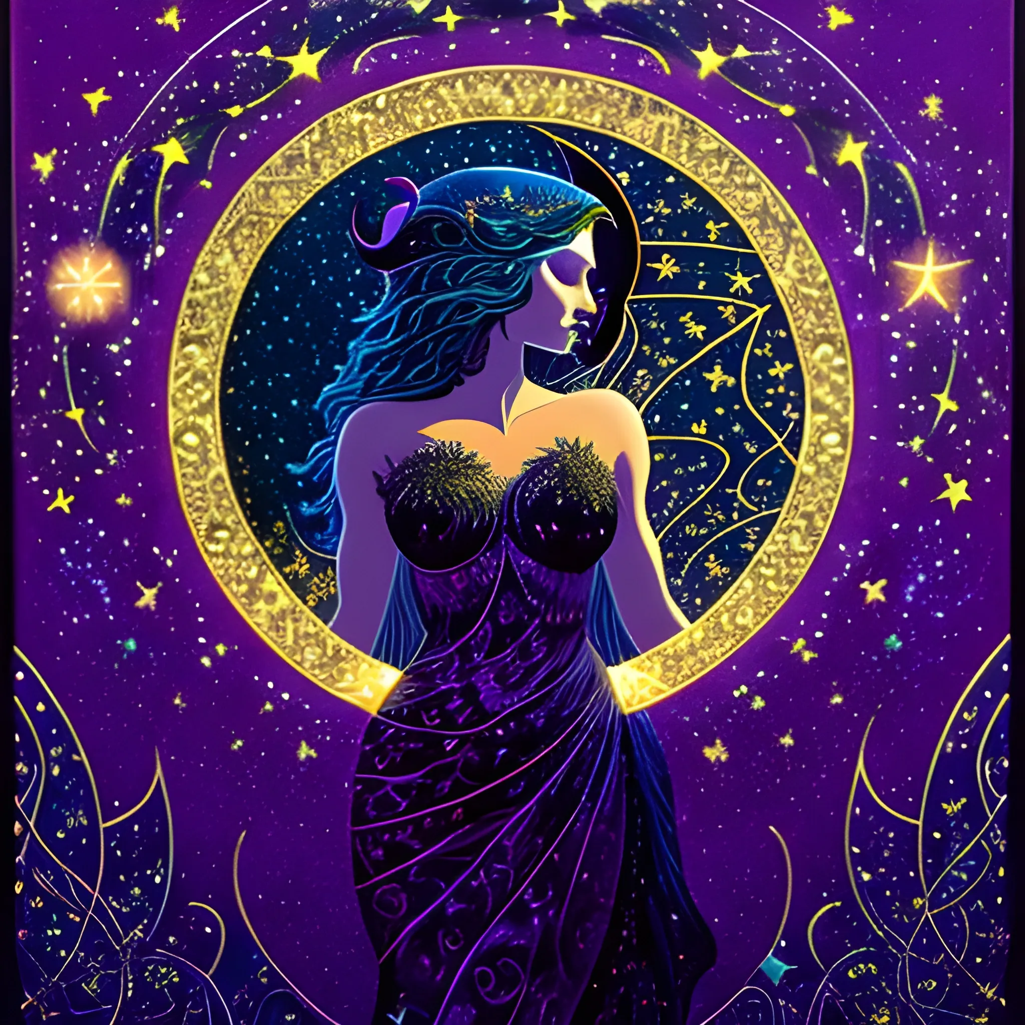 Nyx Goddess of the Night with a crescent moon and many stars in the style of Maxfield Parrish, starry night, James R. Eads