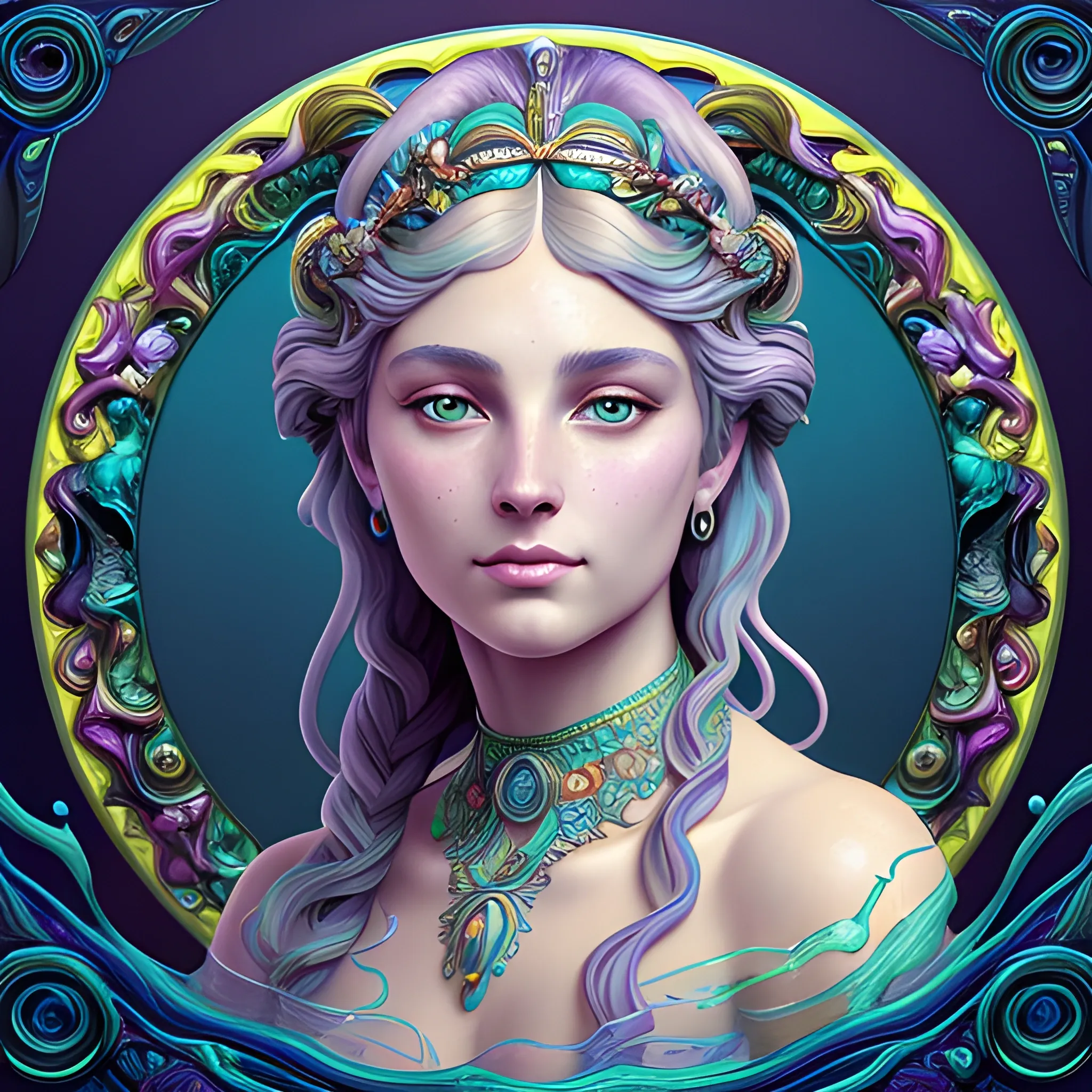 neoclassicist colorful blacklight uv highly detailed painting of Amphitrite goddess of the sea, the queen of the sea, highly detailed beautiful face; glitter, renaissance; high contrast, gloomy atmosphere, dark background, underwater, surreal, Unreal Engine 5; by Dan Parent, Alphonse Mucha, Artgerm, WLOP, intricately detailed, fantasy, bizarre, beautiful, Chromolithography, Soft Shading, Unreal Engine; digital painting, smooth, sharp focus, illustration, art by lisa frank, Steve Goad, Frank Frazetta, William-Adolphe Bouguereau, Unreal Engine 5