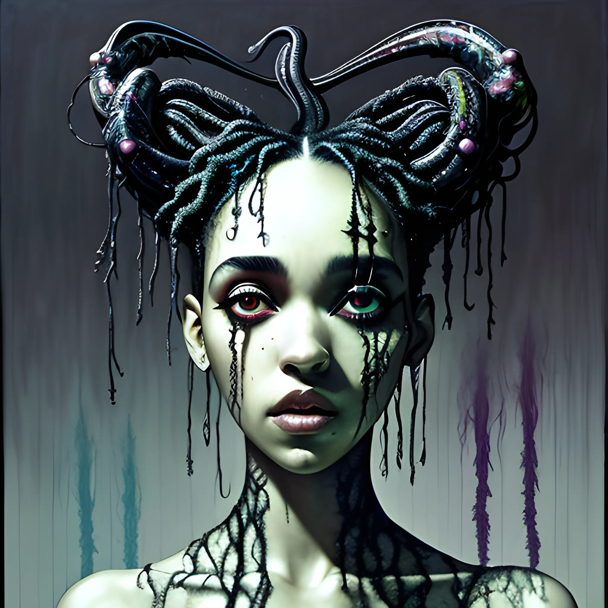  Masterpiece, scenic; FKA Twigs; neon spray paint, acrylic paint, fantastical surrealist world, in the style of Stephen Gammell and Shawn Coss, extremely detailed, sick, gothic, eldritch