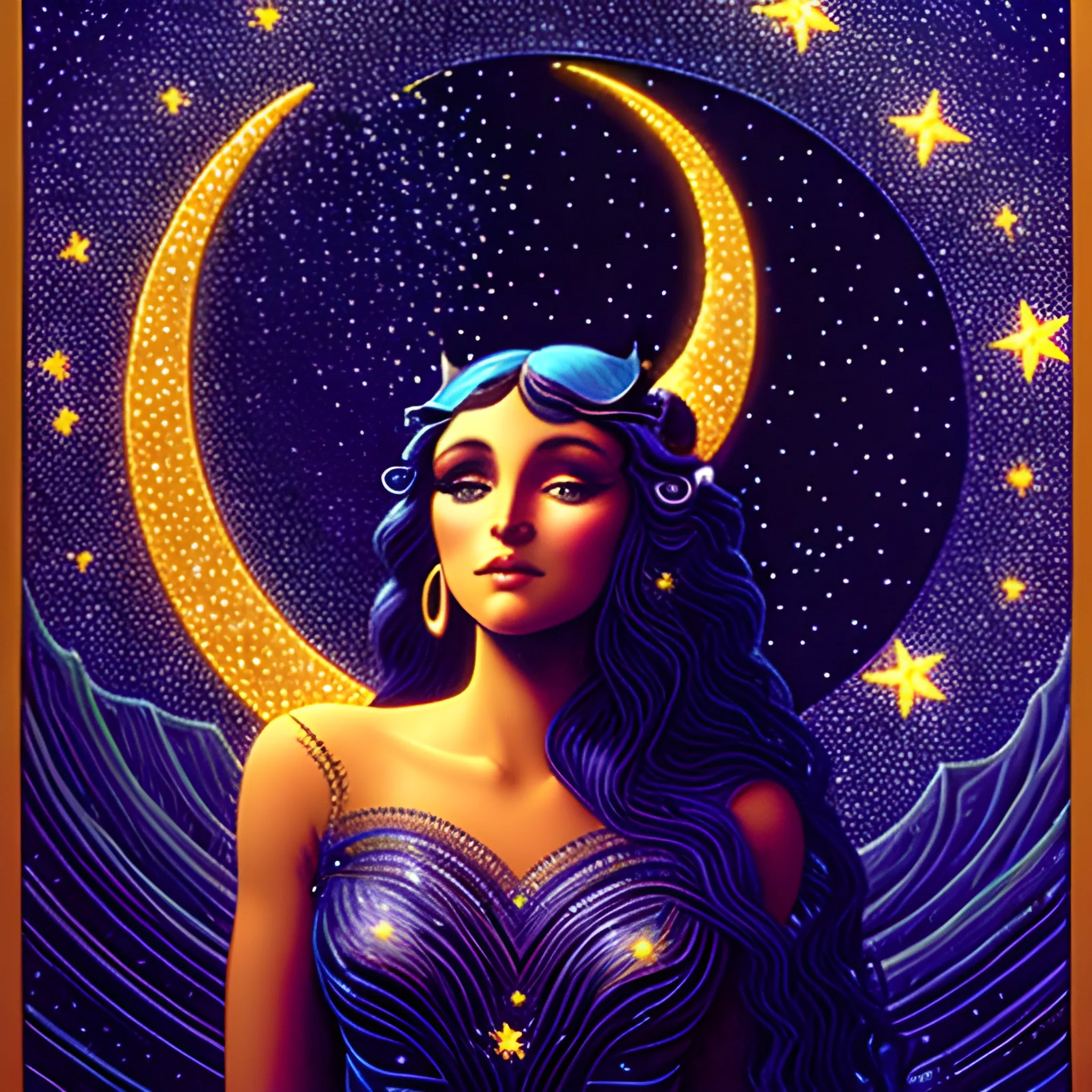 Nyx Goddess of the Night with a crescent moon and many stars in the style of Maxfield Parrish, starry night, James R. Eads