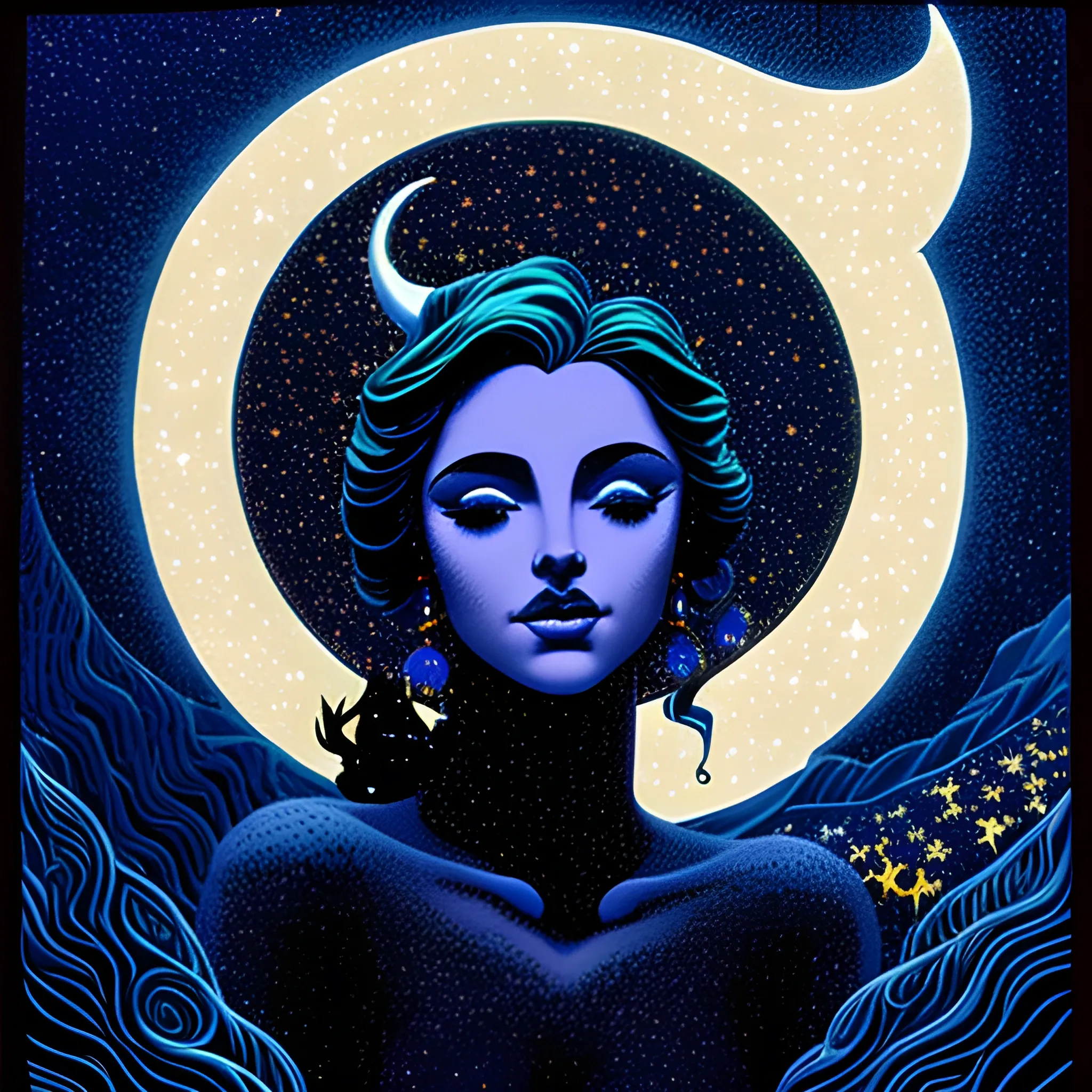 Nyx Goddess of the Night with a crescent moon and many stars in the style of Maxfield Parrish, starry night, James R. Eads