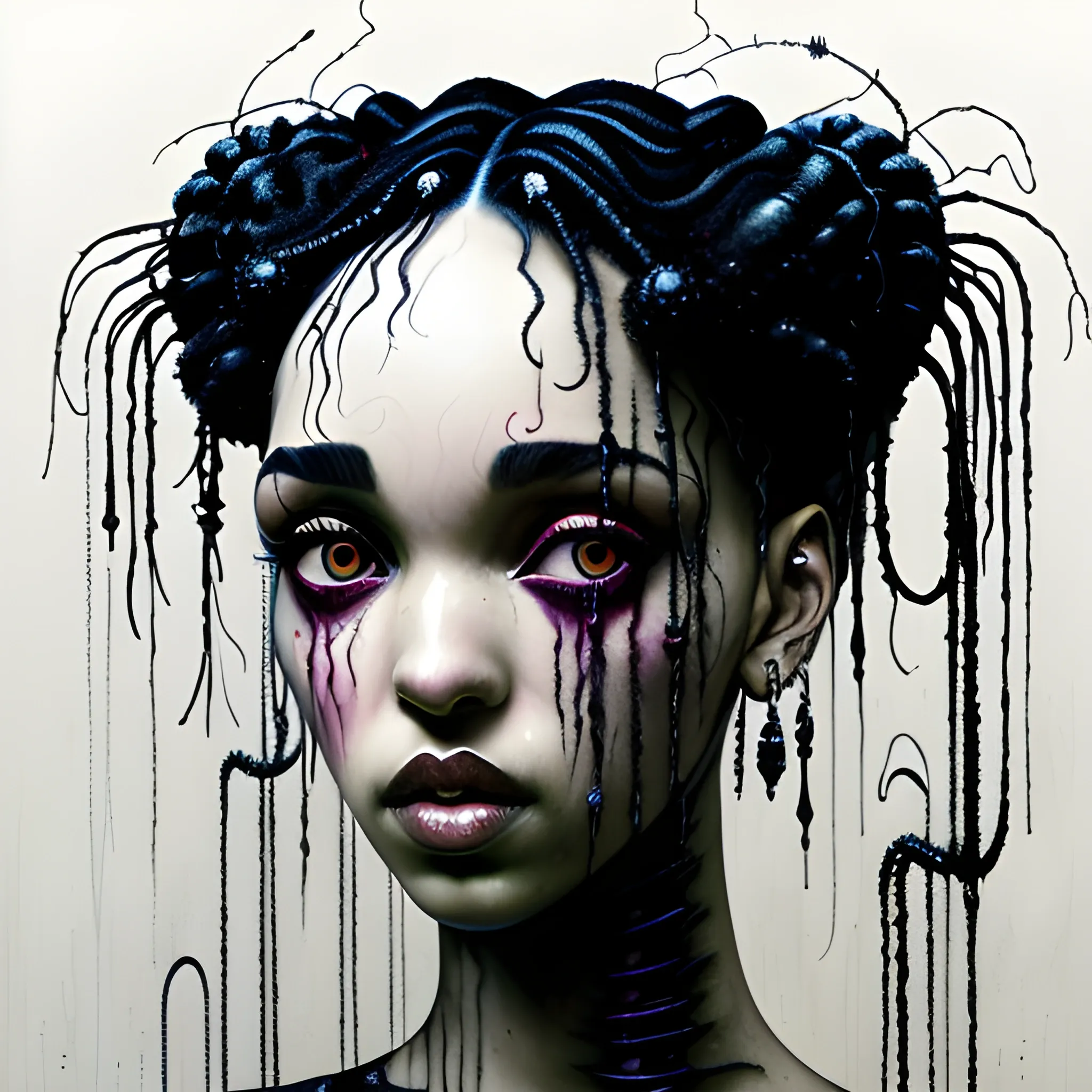  Masterpiece, scenic; FKA Twigs; neon spray paint, acrylic paint, fantastical surrealist world, in the style of Stephen Gammell and Shawn Coss, extremely detailed, sick, gothic, eldritch