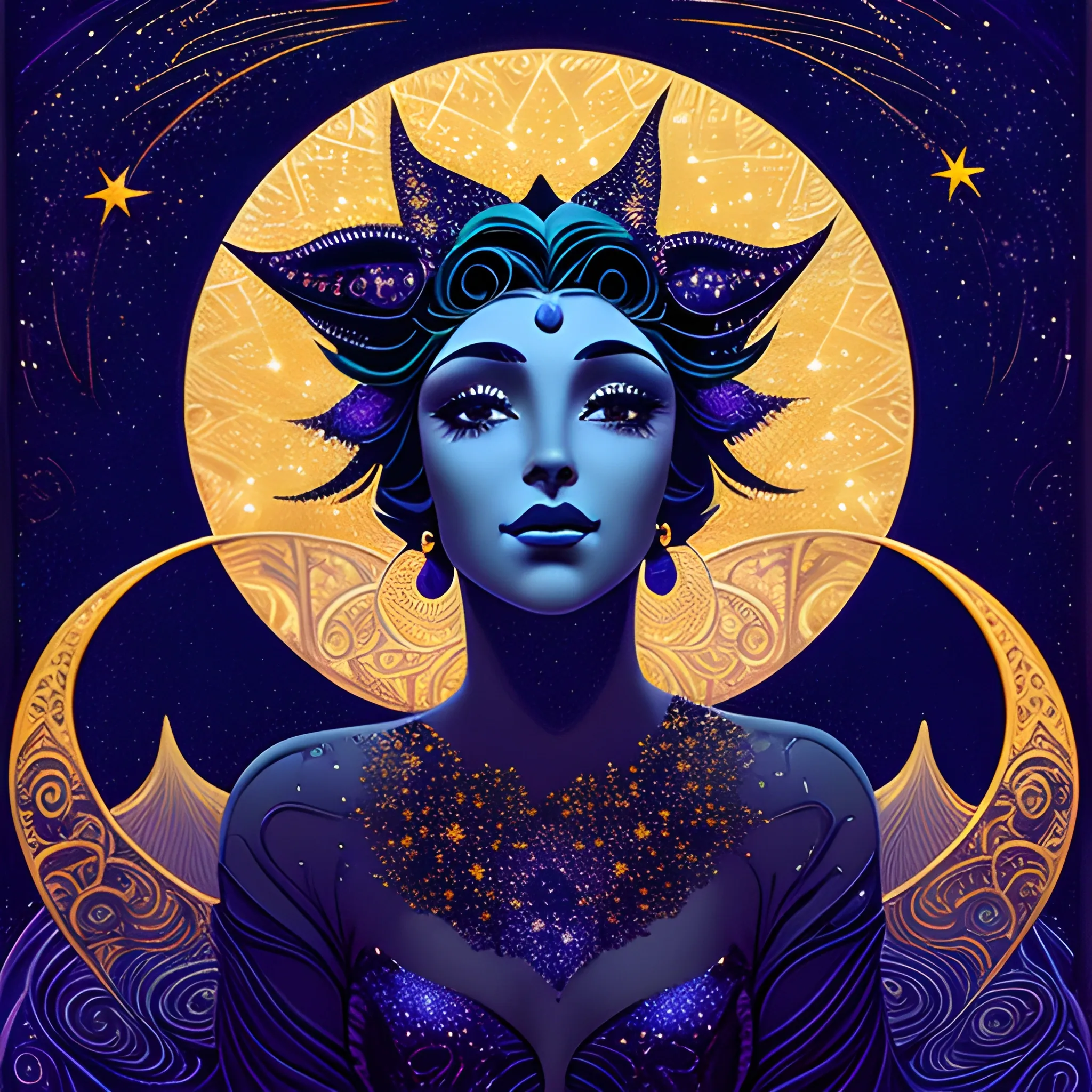 Nyx Goddess of the Night with a crescent moon and many stars in the style of Maxfield Parrish, starry night, James R. Eads