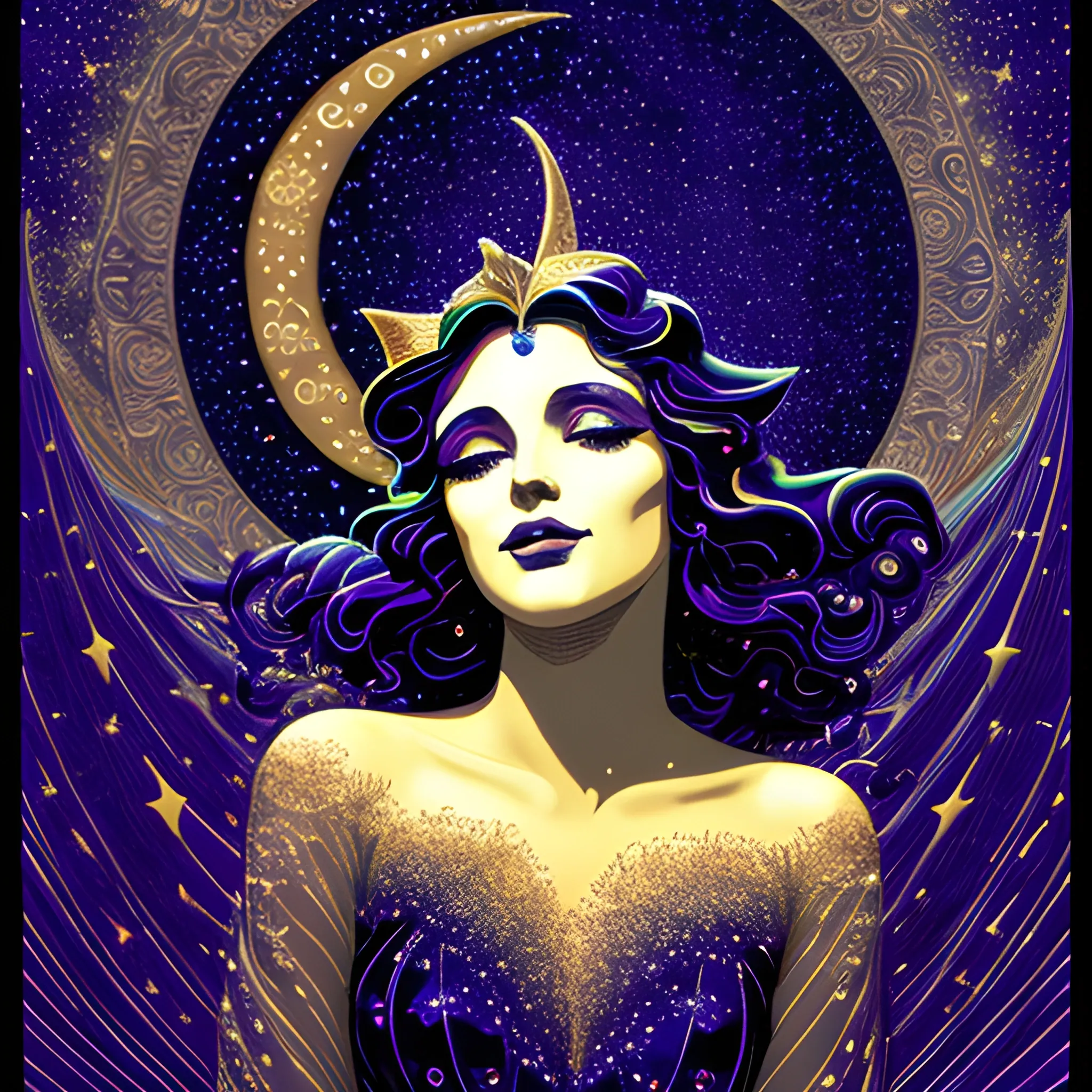 Nyx Goddess of the Night with a crescent moon and many stars in the style of Maxfield Parrish, starry night, James R. Eads