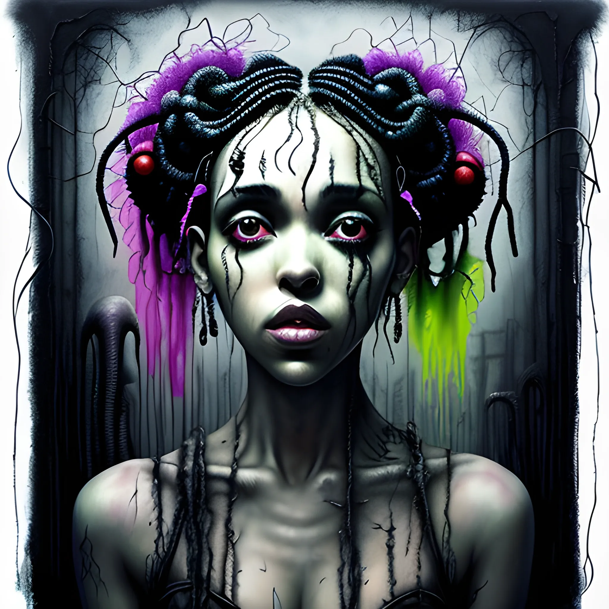  Masterpiece, scenic; FKA Twigs; neon spray paint, acrylic paint, fantastical surrealist world, in the style of Stephen Gammell and Shawn Coss, extremely detailed, sick, gothic, eldritch