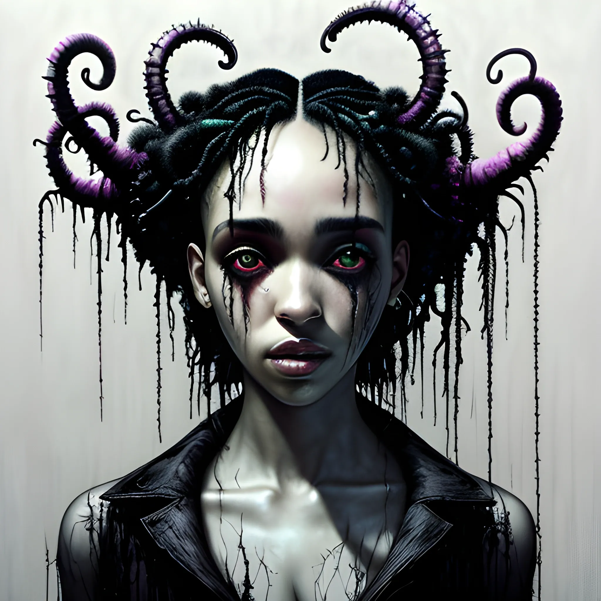  Masterpiece, scenic; FKA Twigs; neon spray paint, acrylic paint, fantastical surrealist world, in the style of Stephen Gammell and Shawn Coss, extremely detailed, sick, gothic, eldritch