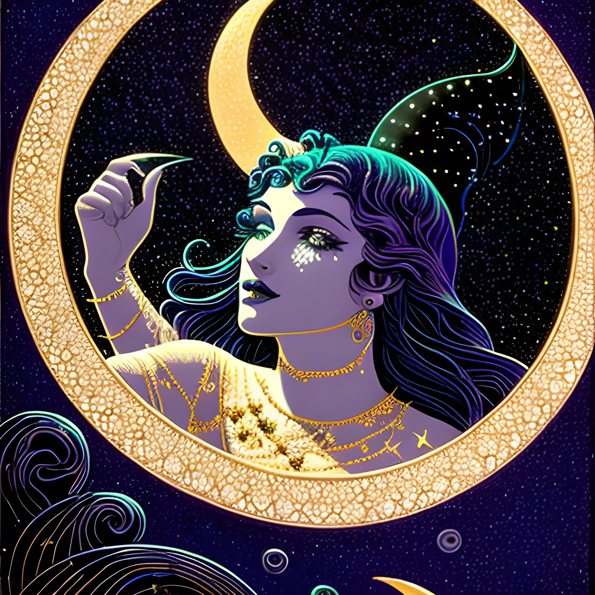 Nyx Goddess of the Night with a crescent moon and many stars in the style of Maxfield Parrish, starry night, James R. Eads