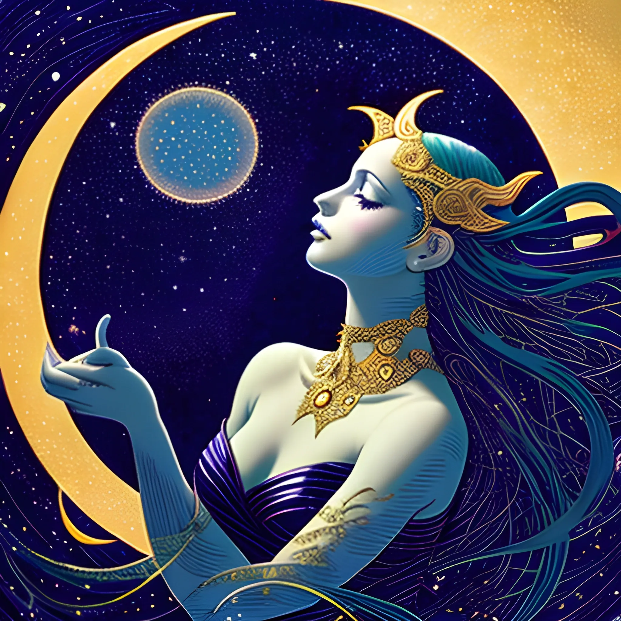 Nyx Goddess of the Night with a crescent moon and many stars in the style of Maxfield Parrish, starry night, James R. Eads