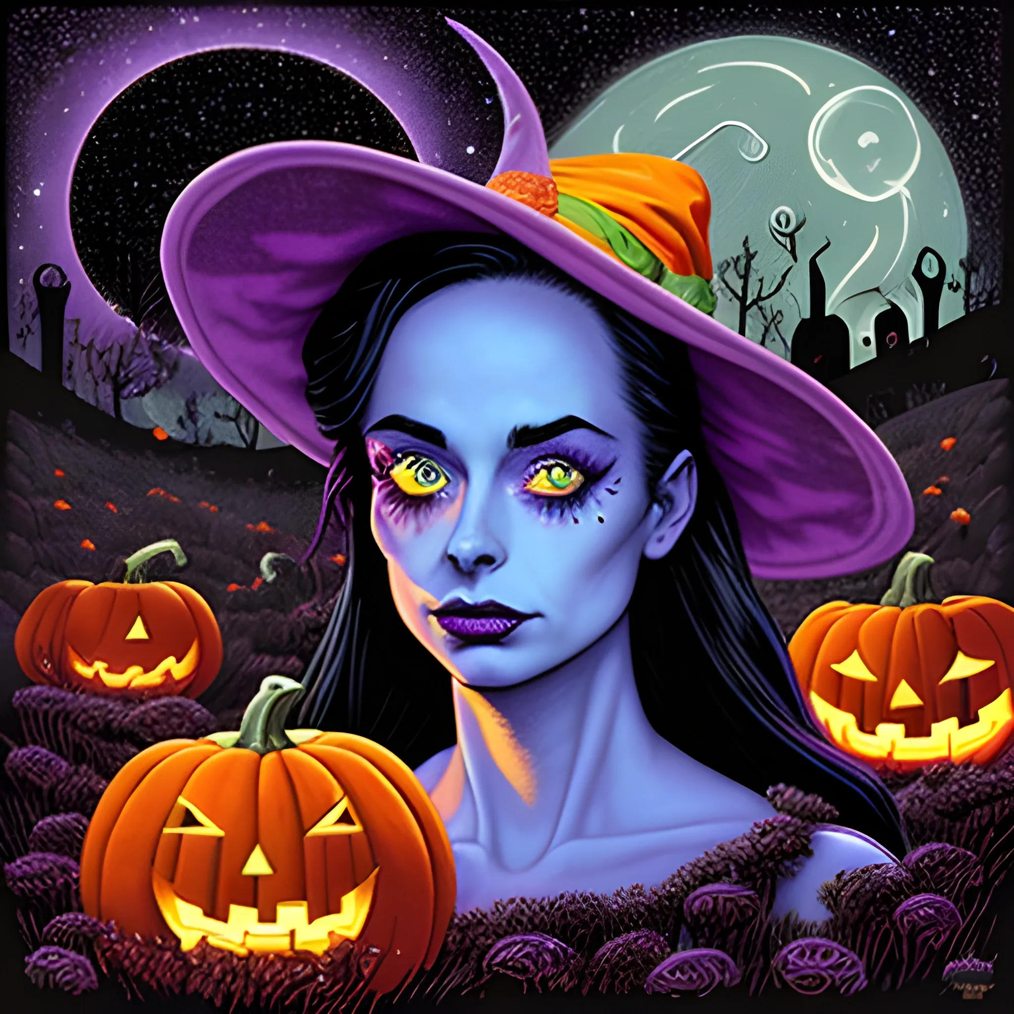 Krysten Ritter / Amy Lee face morph as a Halloween Witch, wearing a thorny witch hat adorned with thorns and black roses; Halloween, bats, full moon in a nebula sky, neon spray paint, acrylic paint, fantastical surrealist world, in the style of Stephen Gammell, extremely detailed, sick, gothic, eldritch, candles, neon grape purple, dayglo orange, chartreuse green, Halloween perfect purple pumpkins, green skulls, orange bats, magic, candles, cobweb, spider, glitter, luminous color sparkles, dayglo orange, neon grape purple, chartreuse green, hot pink, stars, sparkles, glitter, lanterns, gourds, Halloween; Goddess of the Night with a crescent moon and many stars in the style of Maxfield Parrish, starry night, James R. Eads