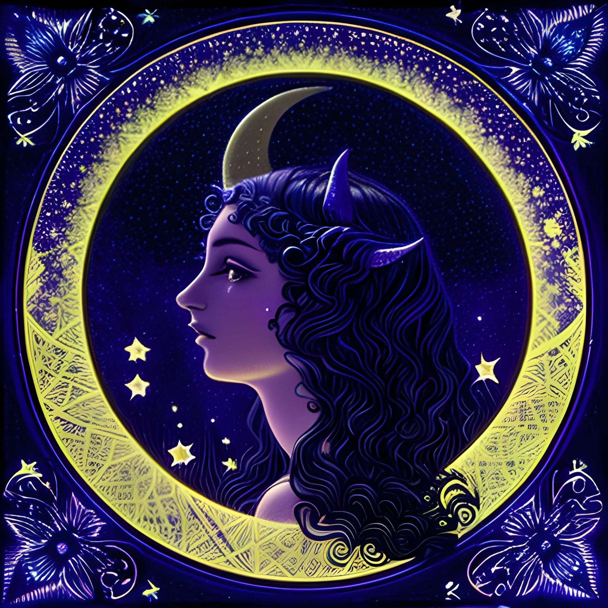 Nyx Goddess of the Night with a crescent moon and many stars in the style of Maxfield Parrish, starry night, James R. Eads