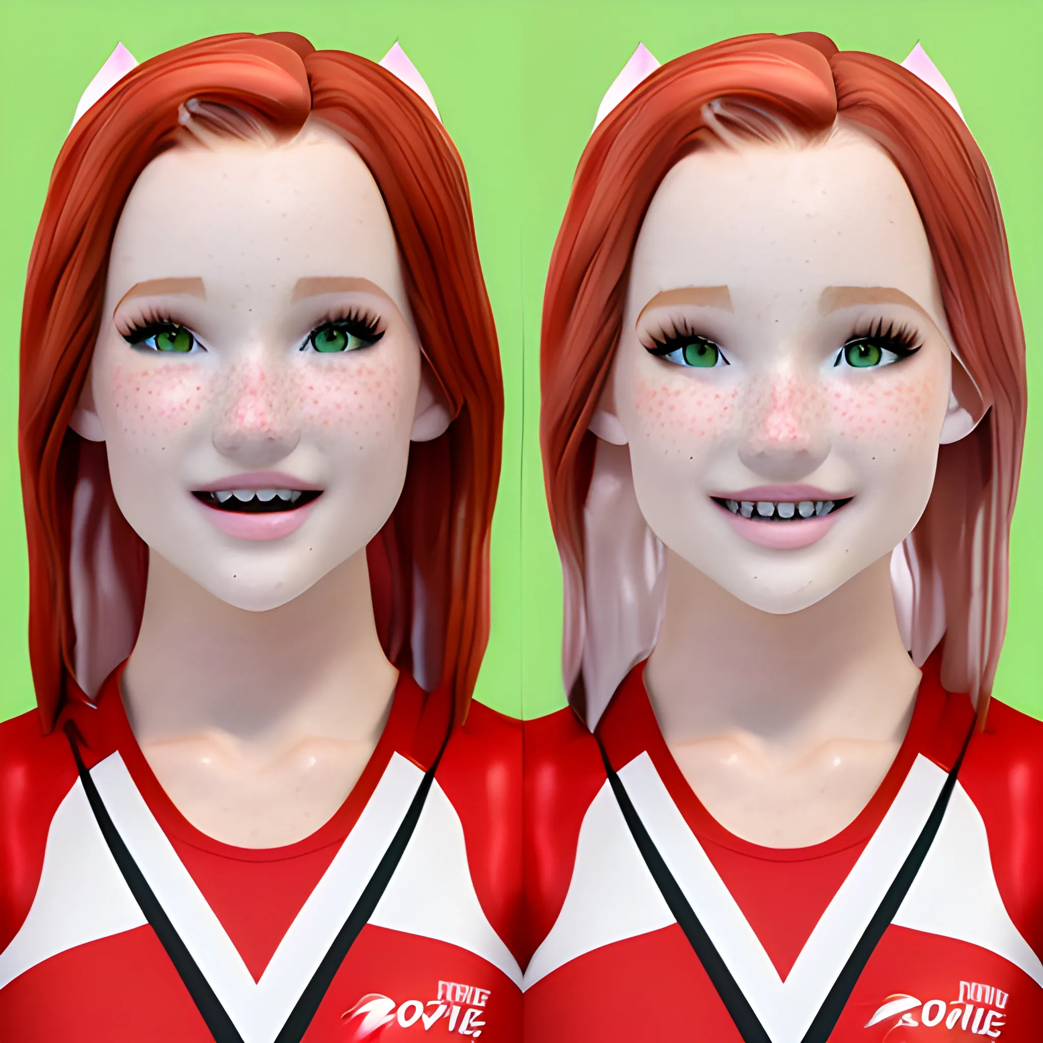 Bella Thorne / Dove Cameron face morph, 3D, red hair, green eyes, freckles, cheer uniform