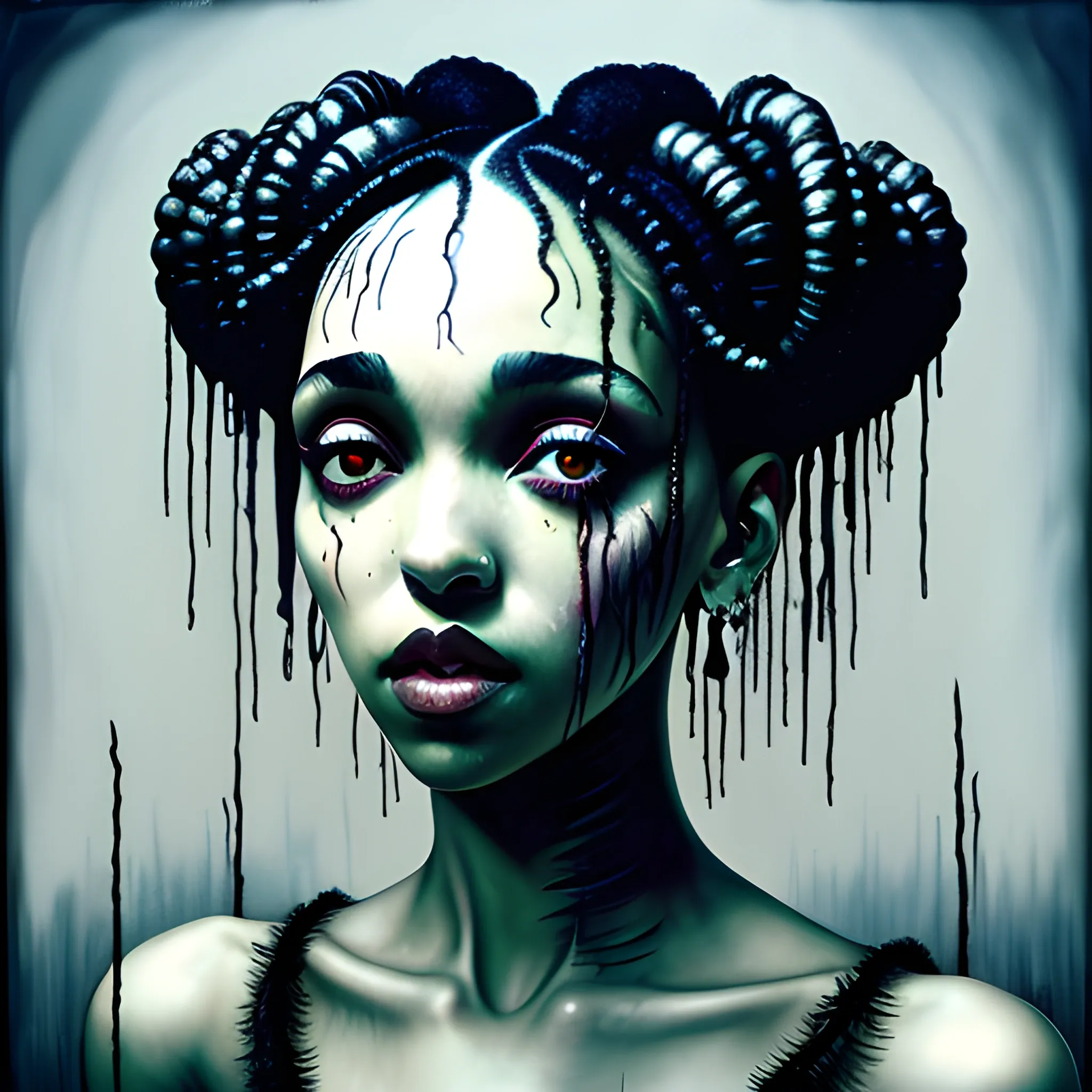  Masterpiece, scenic; FKA Twigs; neon spray paint, acrylic paint, fantastical surrealist world, in the style of Stephen Gammell and Shawn Coss, extremely detailed, sick, gothic, eldritch