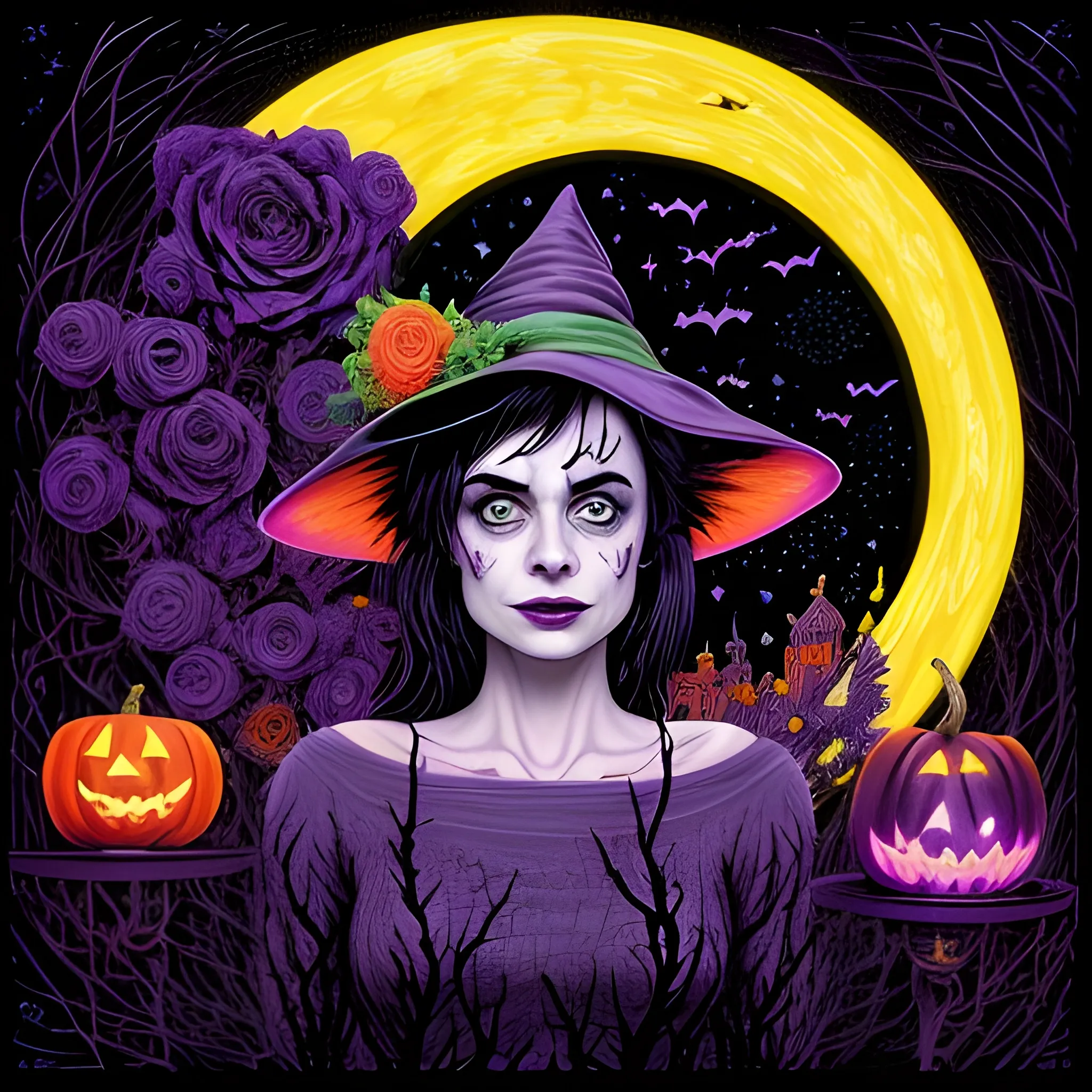 Krysten Ritter / Amy Lee face morph as a Halloween Witch, wearing a thorny witch hat adorned with thorns and black roses; Halloween, bats, full moon in a nebula sky, neon spray paint, acrylic paint, fantastical surrealist world, in the style of Stephen Gammell, extremely detailed, sick, gothic, eldritch, candles, neon grape purple, dayglo orange, chartreuse green, Halloween perfect purple pumpkins, green skulls, orange bats, magic, candles, cobweb, spider, glitter, luminous color sparkles, dayglo orange, neon grape purple, chartreuse green, hot pink, stars, sparkles, glitter, lanterns, gourds, Halloween; Goddess of the Night with a crescent moon and many stars in the style of Maxfield Parrish, starry night, James R. Eads