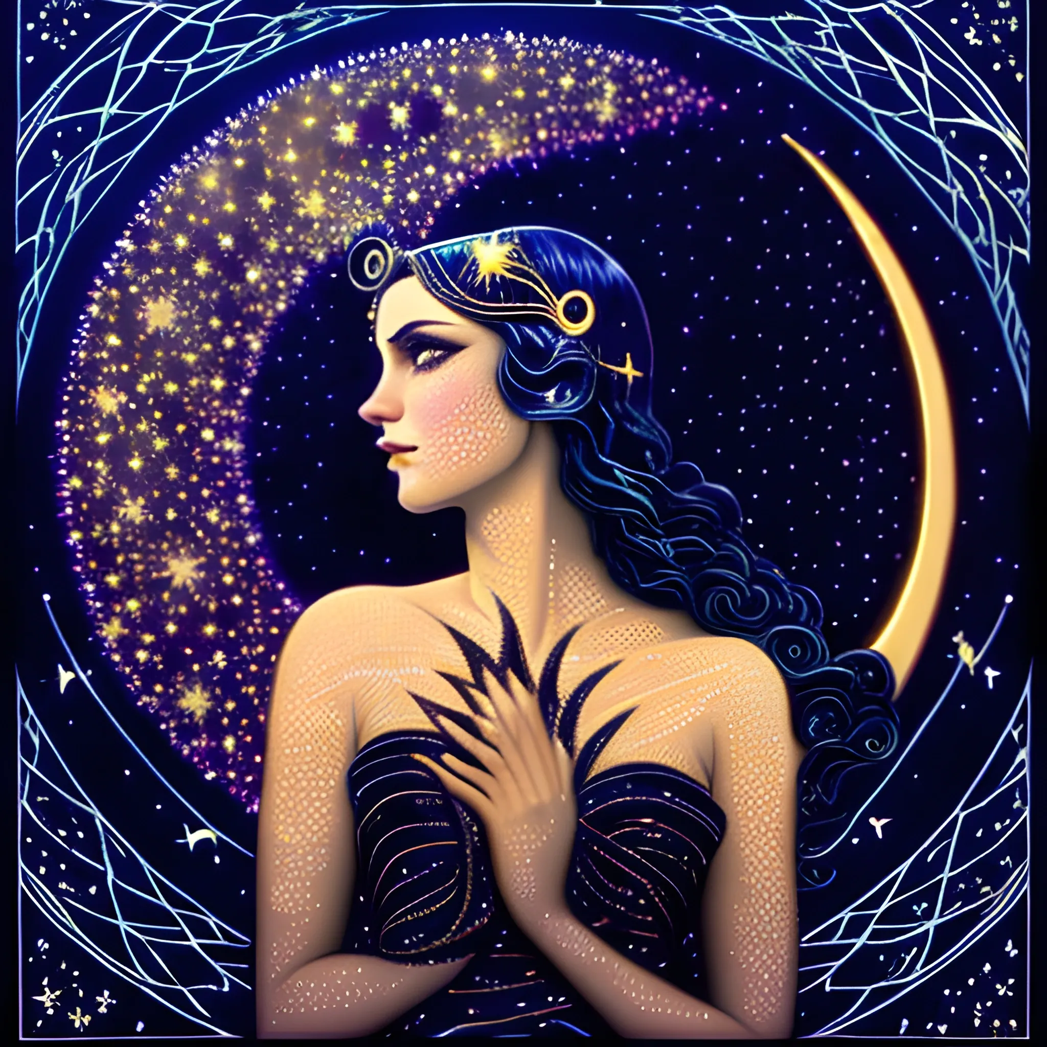 Nyx Goddess of the Night with a crescent moon and many stars in the style of Maxfield Parrish, starry night, James R. Eads